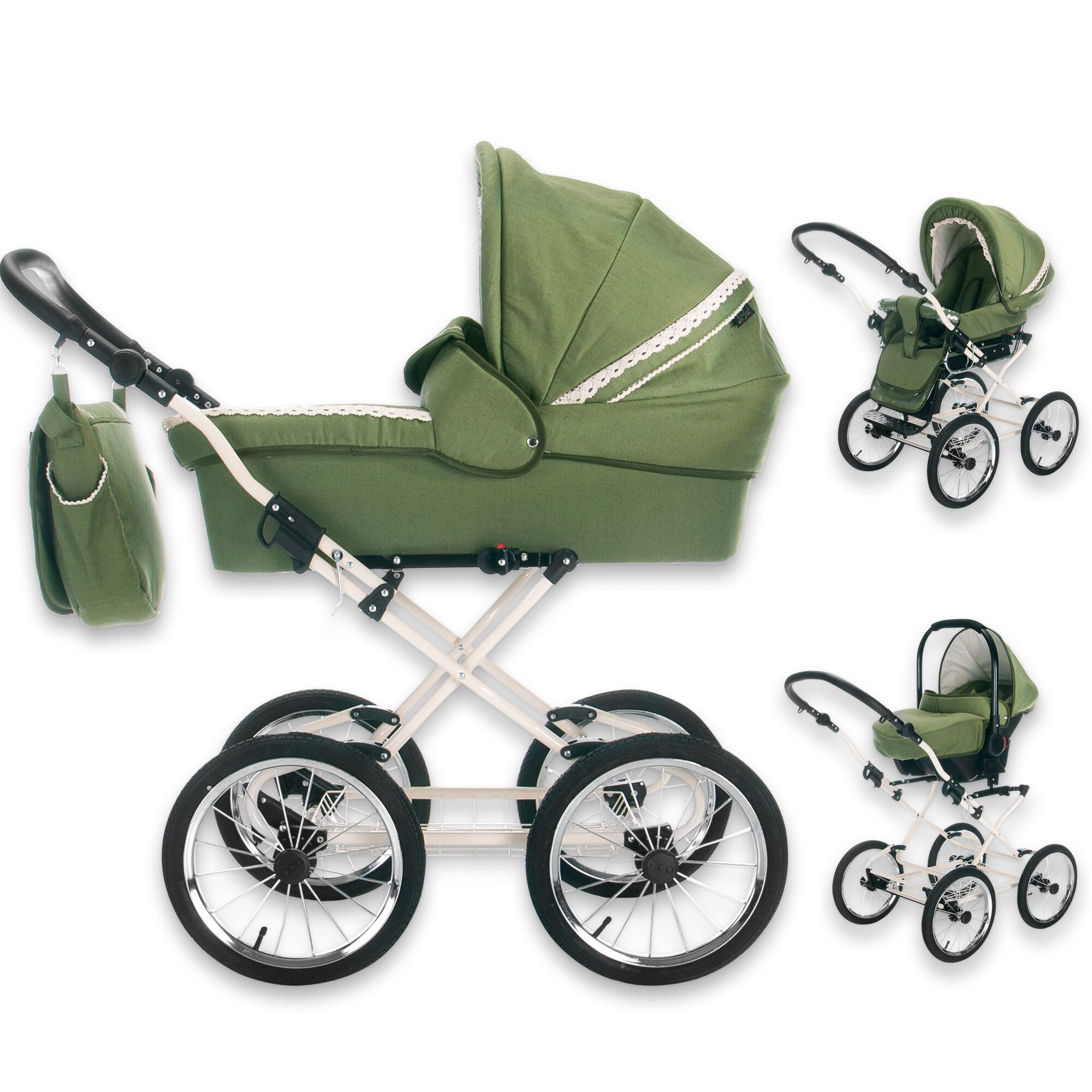 Friedrich Hugo Natureline 3 in 1 Kinderwagen Set Öko Nostalgie Kinderwagen, Hugo Forrest Creme