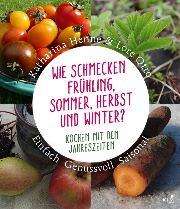 Buchcover: Titel "Wie schmecken Frühling, Sommer, Herbst und Winter?". Gemüse, Blätter, Obst, Text.
