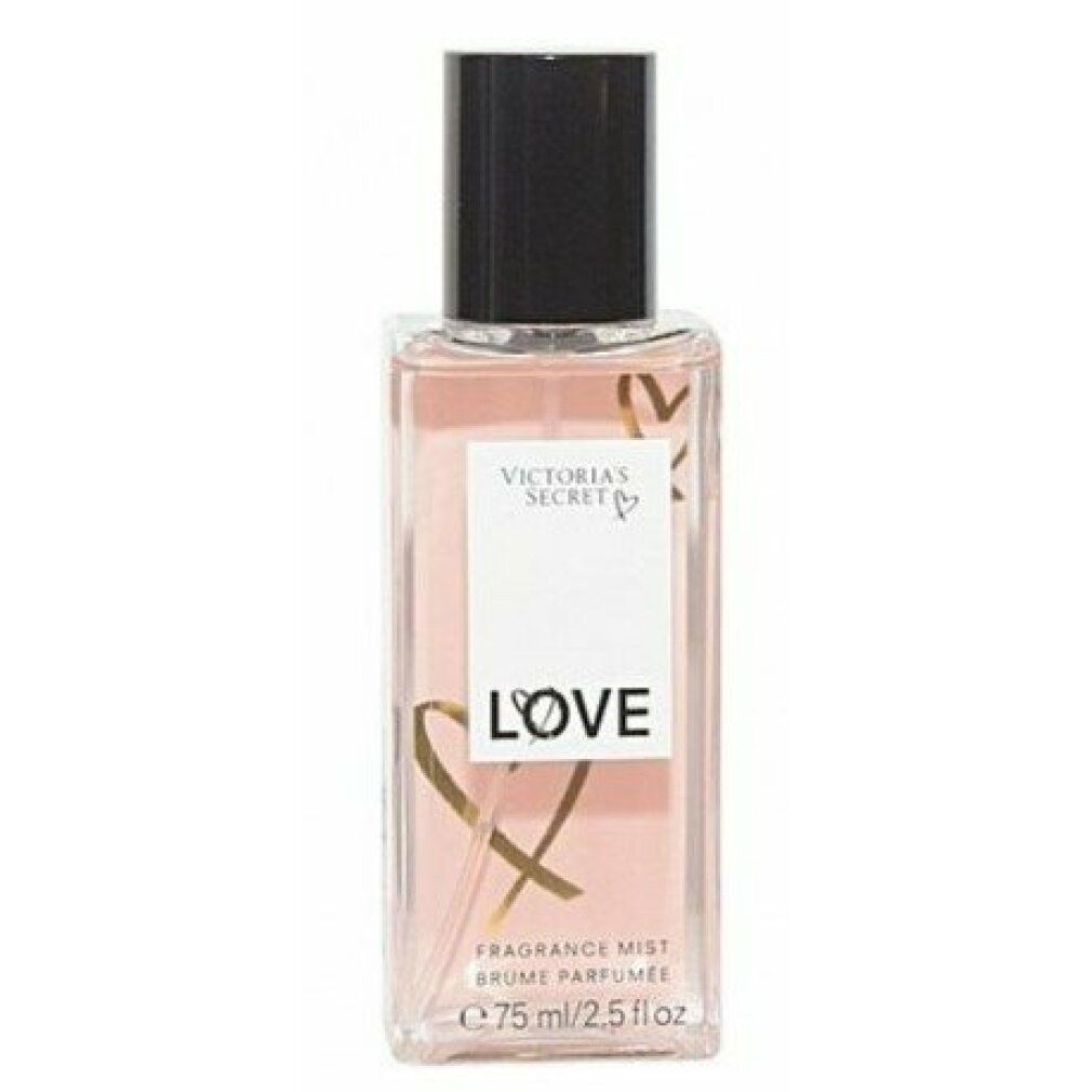 Rosa Flasche mit schwarzem Deckel. Aufschrift: Victoria's Secret, LOVE, Fragrance Mist. Goldene Herz-Grafik.