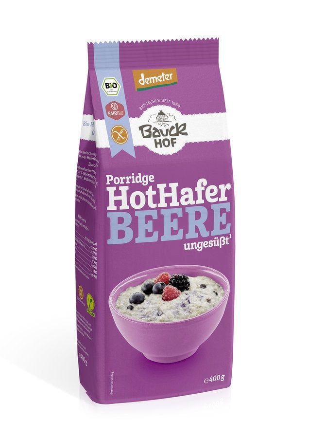 Bauckhof Hot Hafer Porridge Beere, glutenfrei, Demeter-zertifiziert, 400g Packung mit Darstellungen von Porridge und Beeren.