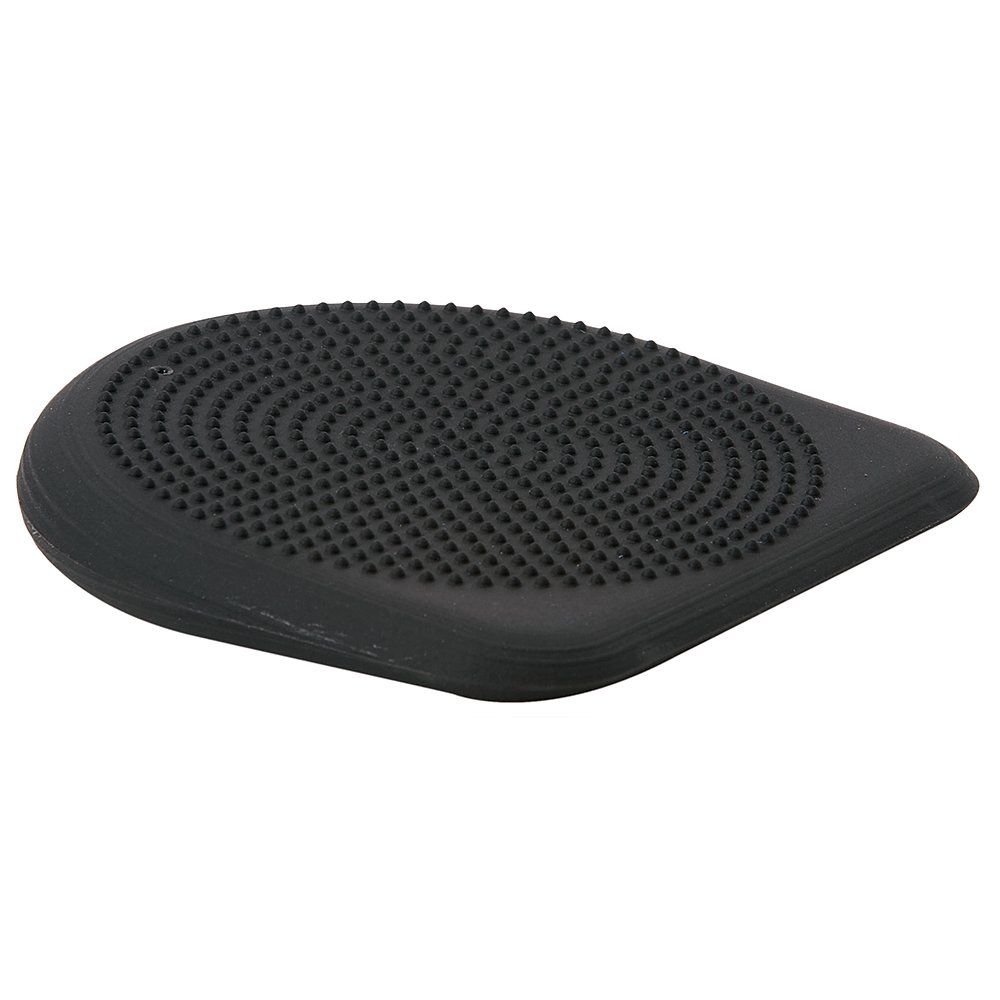 Schwarzes, kissenförmiges Produkt mit strukturierter Oberfläche. Tropfenförmig mit abgerundeter Spitze. Oberseite mit Noppen.