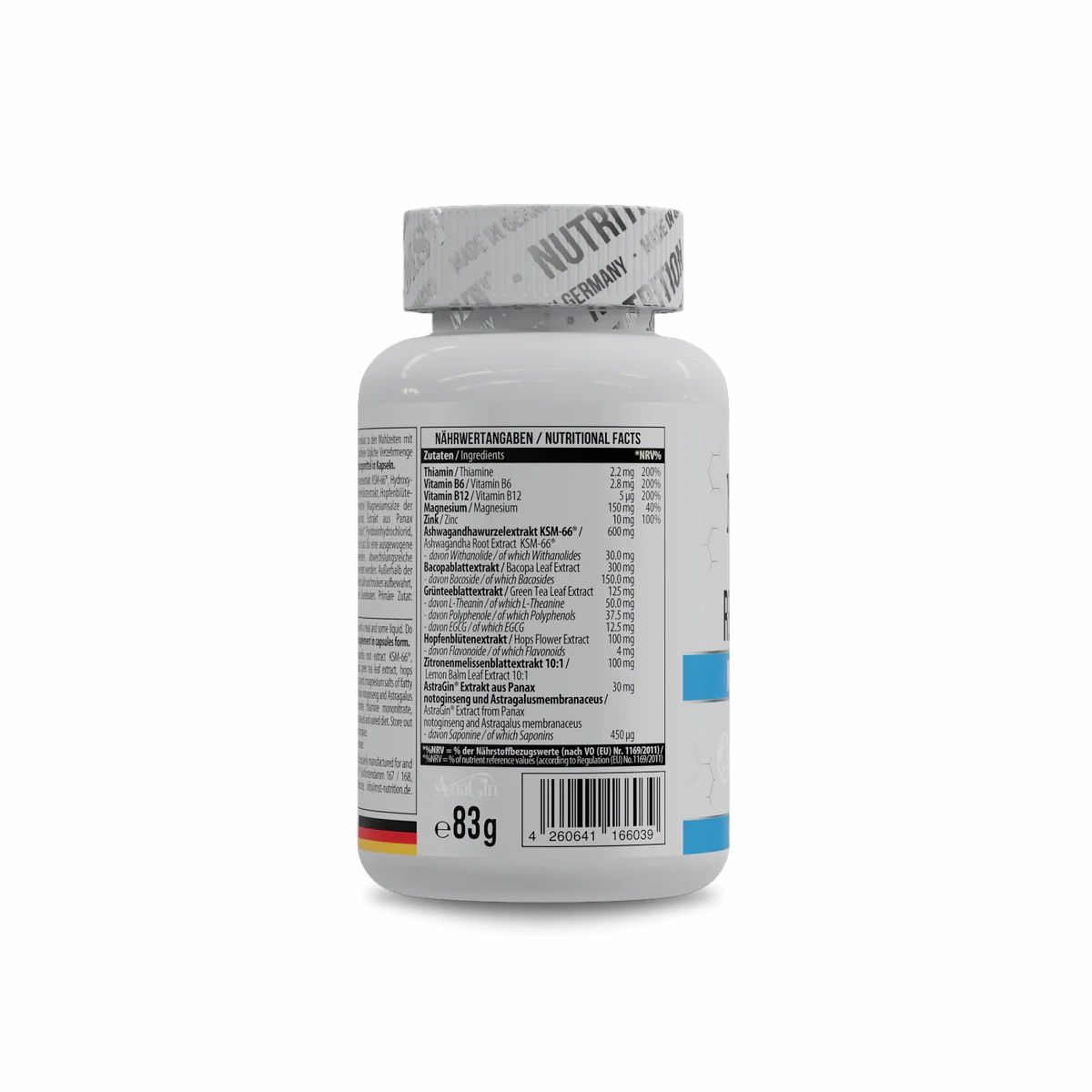 Rückseite der Flasche mit Inhaltsangaben. Text in deutscher Sprache. Barcode und Gewicht 83g.