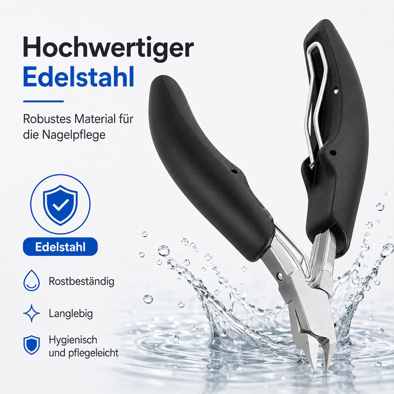 Hochwertige Edelstahl-Nagelzange: rostbeständig, langlebig, hygienisch.