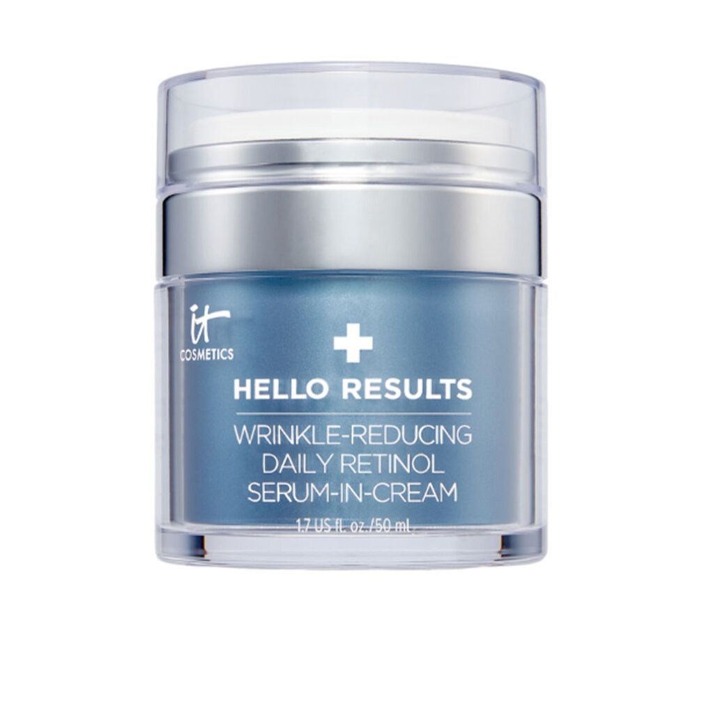 Blau-silberner Tiegel mit Deckel. Aufschrift: Hello Results, Daily Retinol Serum-In-Cream. Marke: IT Cosmetics.