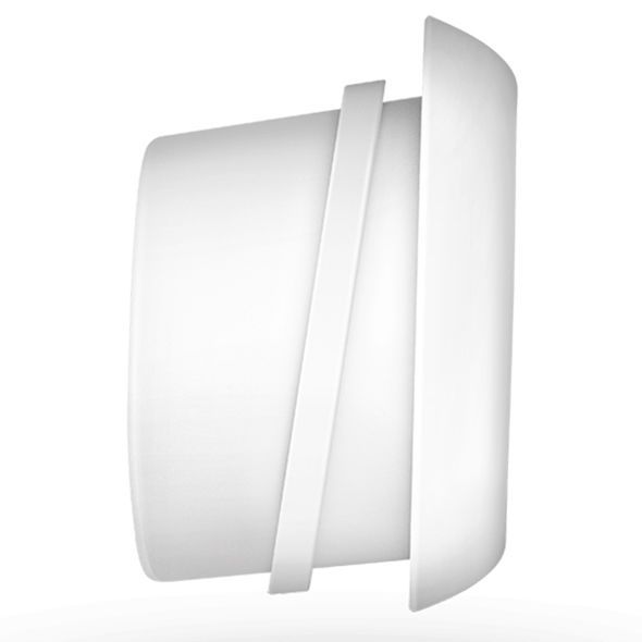 Weißes, zylindrisches Produkt mit einer schrägen, rechteckigen Aussparung. Seitliche Ansicht.