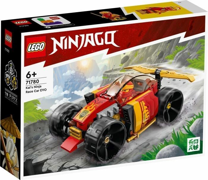 LEGO Ninjago 71780 Kais Ninja-Rennwagen EVO. Roter und gelber Rennwagen in Verpackung. LEGO-Logo und Ninjago-Schriftzug. Altersempfehlung 6+.