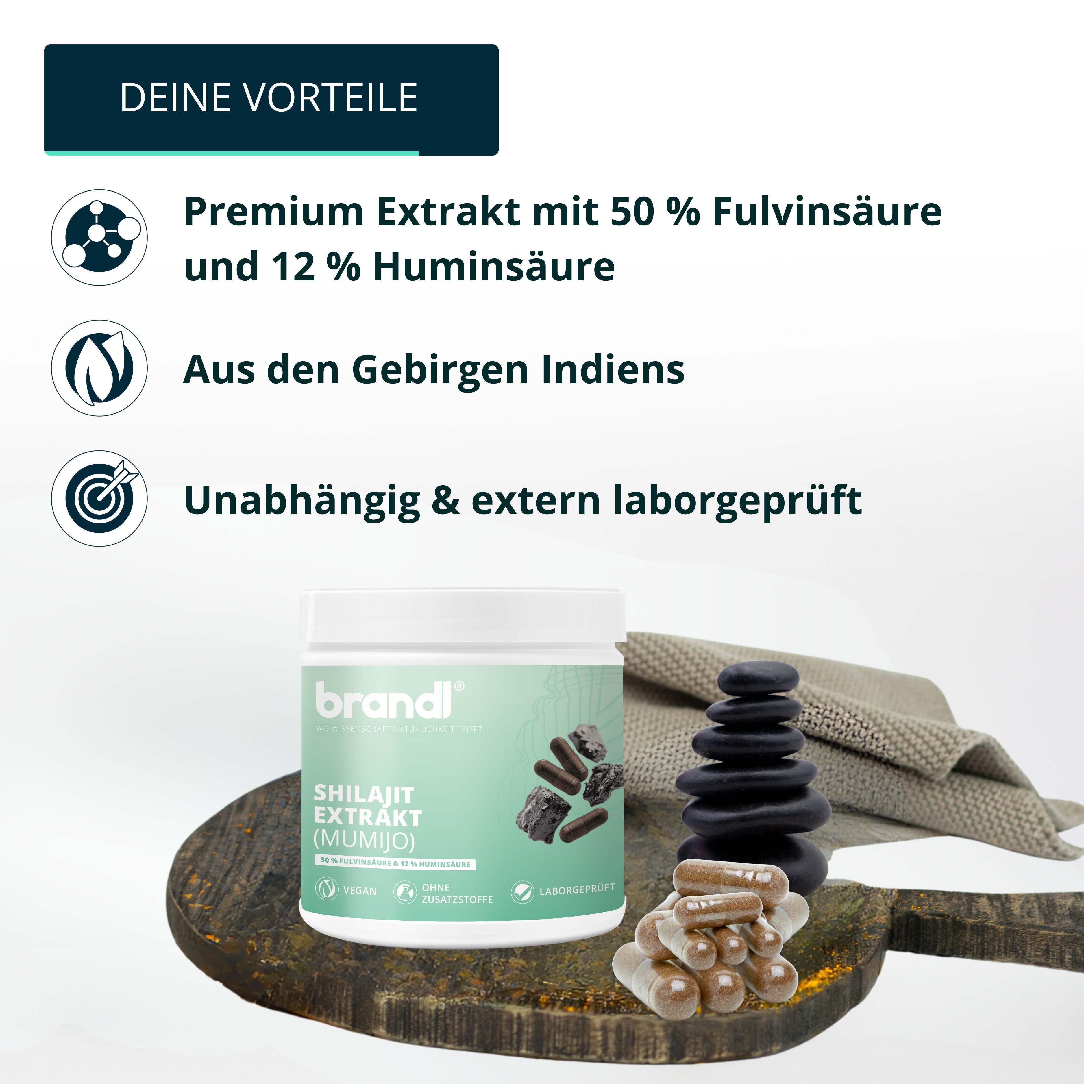 Produktabbildung: Dose brandl® Shilajit Extrakt (Mumijo), Kapseln, Mumijo-Stücke. Auf Holzplatte, neben Steinen und Tuch. Text: Vorteile.