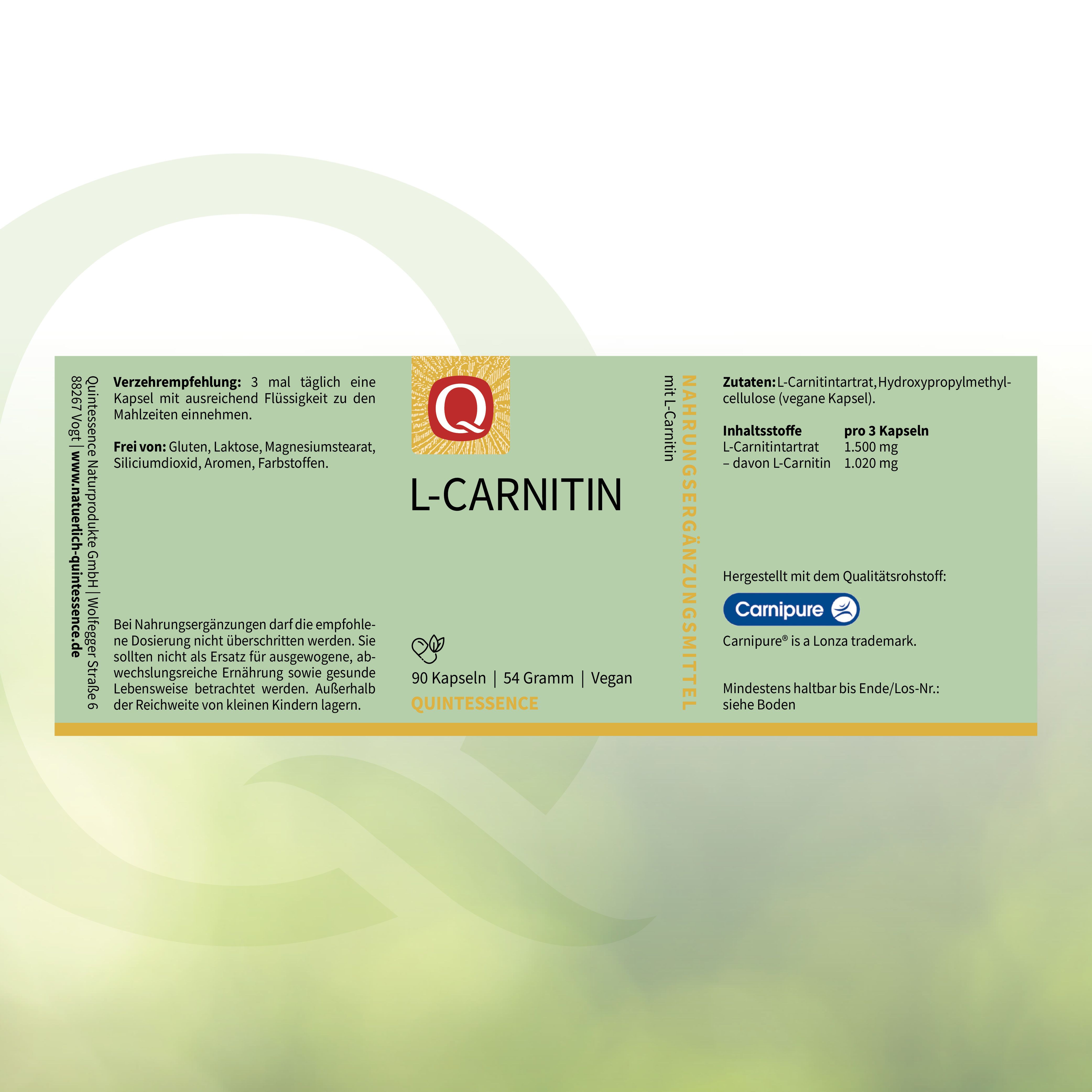 Kartonverpackung mit "L-Carnitin" und "Quintessence". 90 Kapseln. Zutatenliste und Verzehrempfehlung.