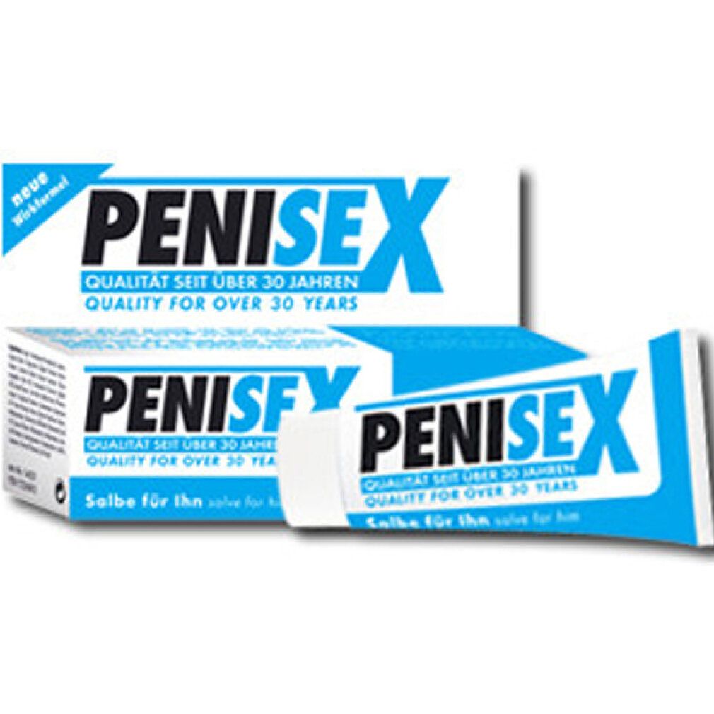Penisex Salbe, Tube und Schachtel. Weiß-blaue Verpackung mit Produktnamen und Text. Enthält Logo und Produktinformationen.