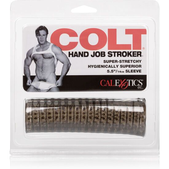 Verpackung mit Produkt. COLT Hand Job Stroker. Transparentes Gehäuse. Produkt sichtbar.