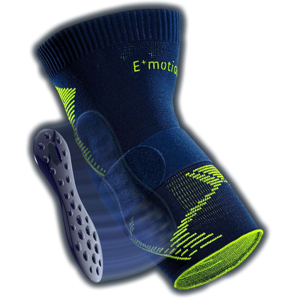 Blau-gelbe Ellenbogenbandage mit Massage-Pad. E⁺motion Schriftzug. Sportbandage.