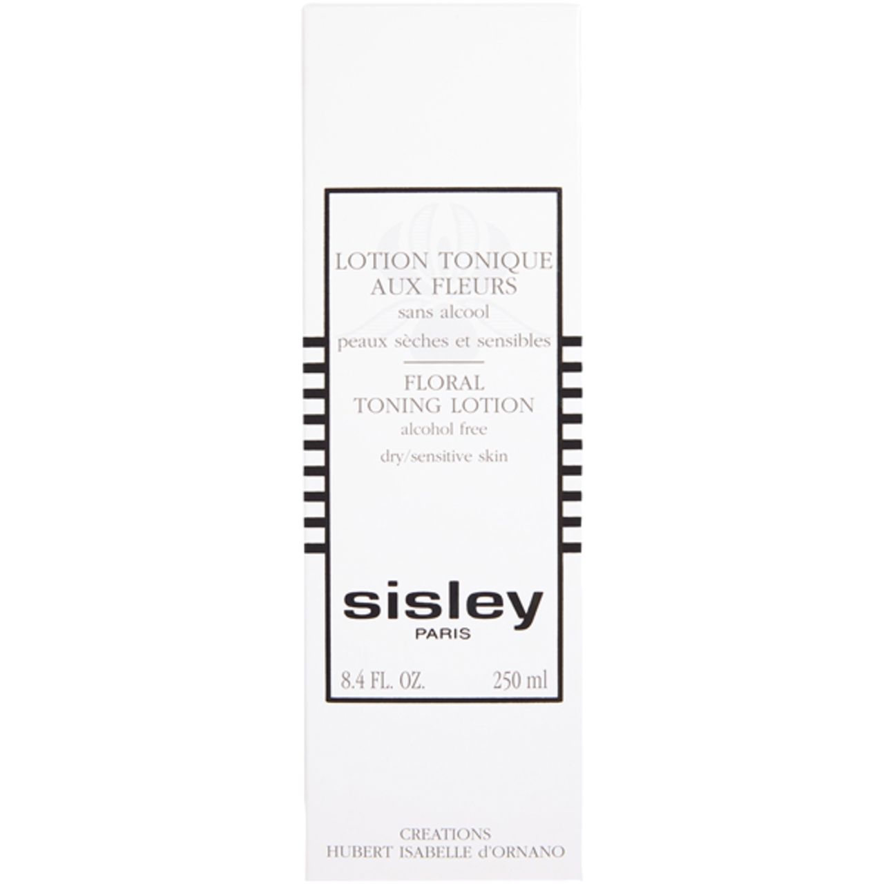 Weiße Verpackung mit schwarzer Schrift. Aufschrift: Lotion Tonique aux Fleurs, Sisley. Für trockene, empfindliche Haut.