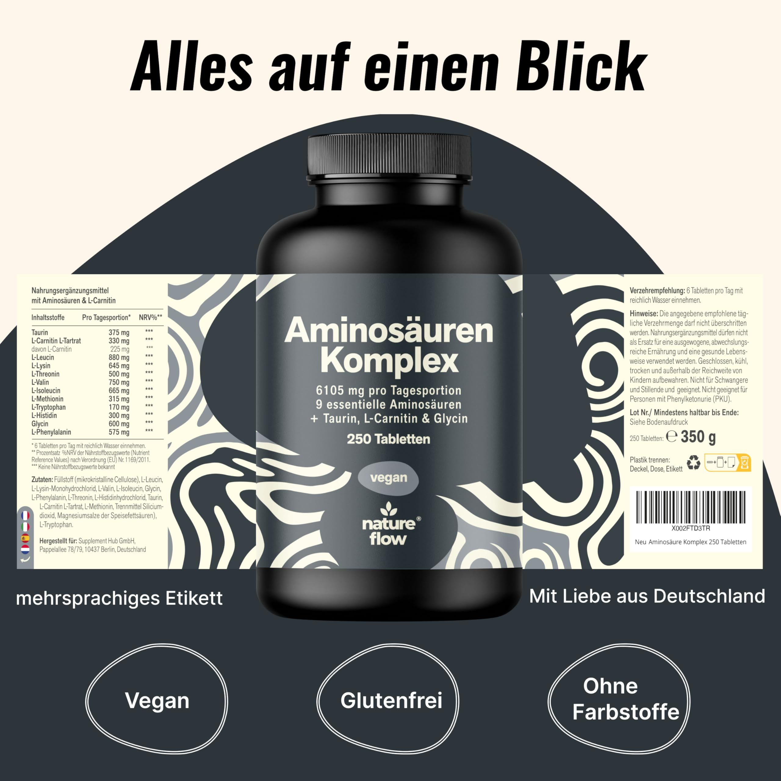 Produktflasche mit Etikett. Text: Aminosäuren Komplex, 250 Tabletten, vegan, glutenfrei, ohne Farbstoffe. Mehrsprachiges Etikett.
