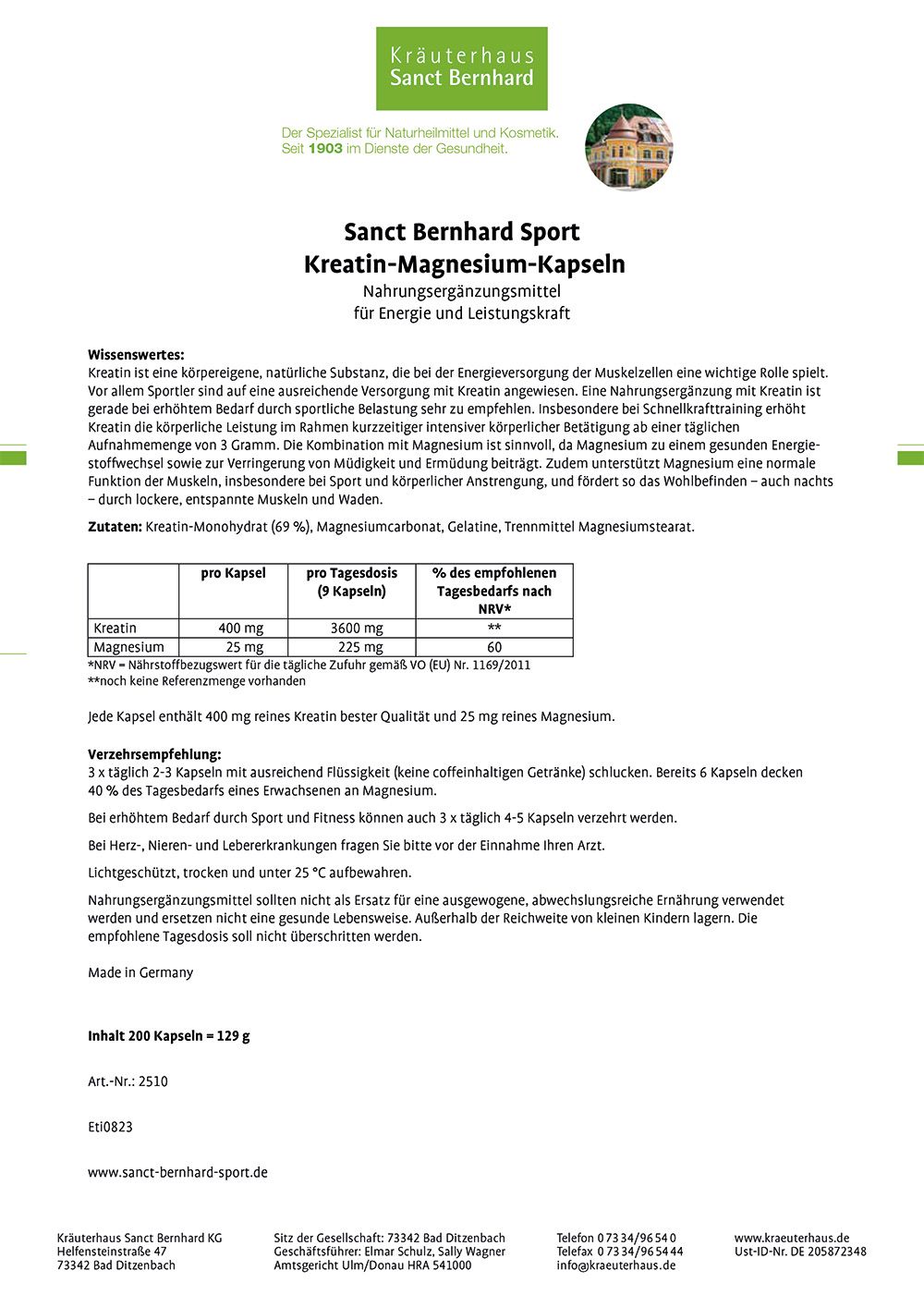 Sanct Bernhard Sport Kreatin-Magnesium-Kapseln 200 St Kapseln