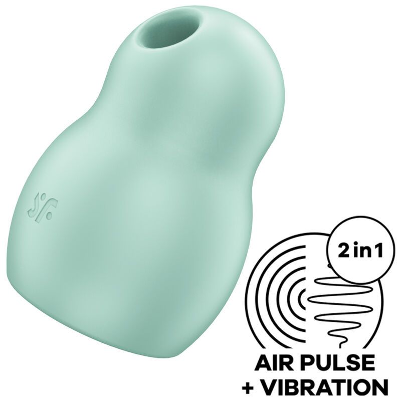 Hellgrüner, eiförmiger Vibrator mit Logo und Grafik "Air Pulse + Vibration".