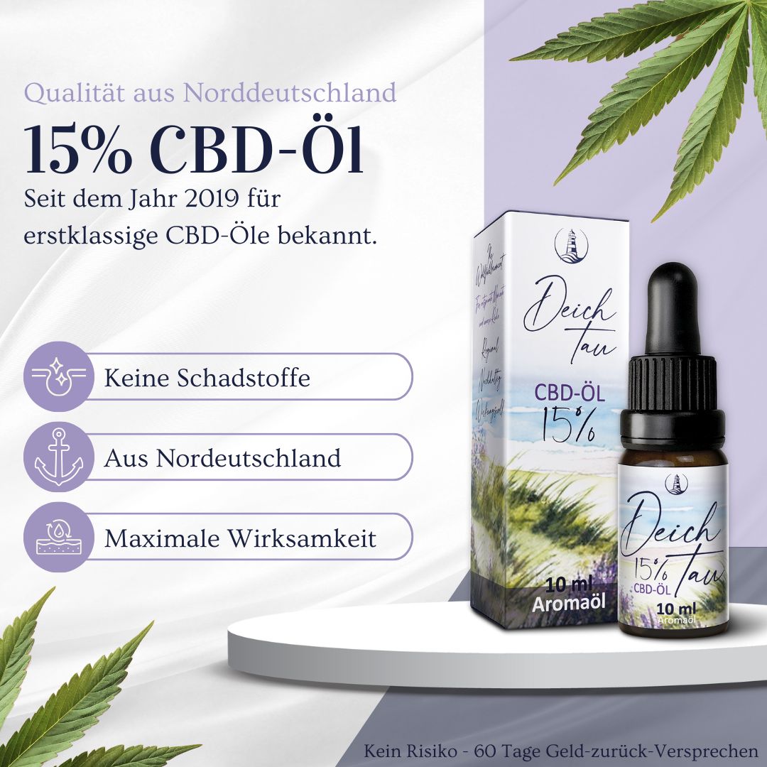 Braune Glasflasche und Karton mit "Deichtau 15% CBD-Öl". Tropfer. Text: Qualität aus Norddeutschland.
