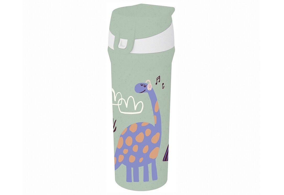 Grüne Trinkflasche mit Dinosaurier-Motiv. Sie hat einen weißen Deckel und Verschluss. Der Dinosaurier ist lila mit orangefarbenen Flecken.