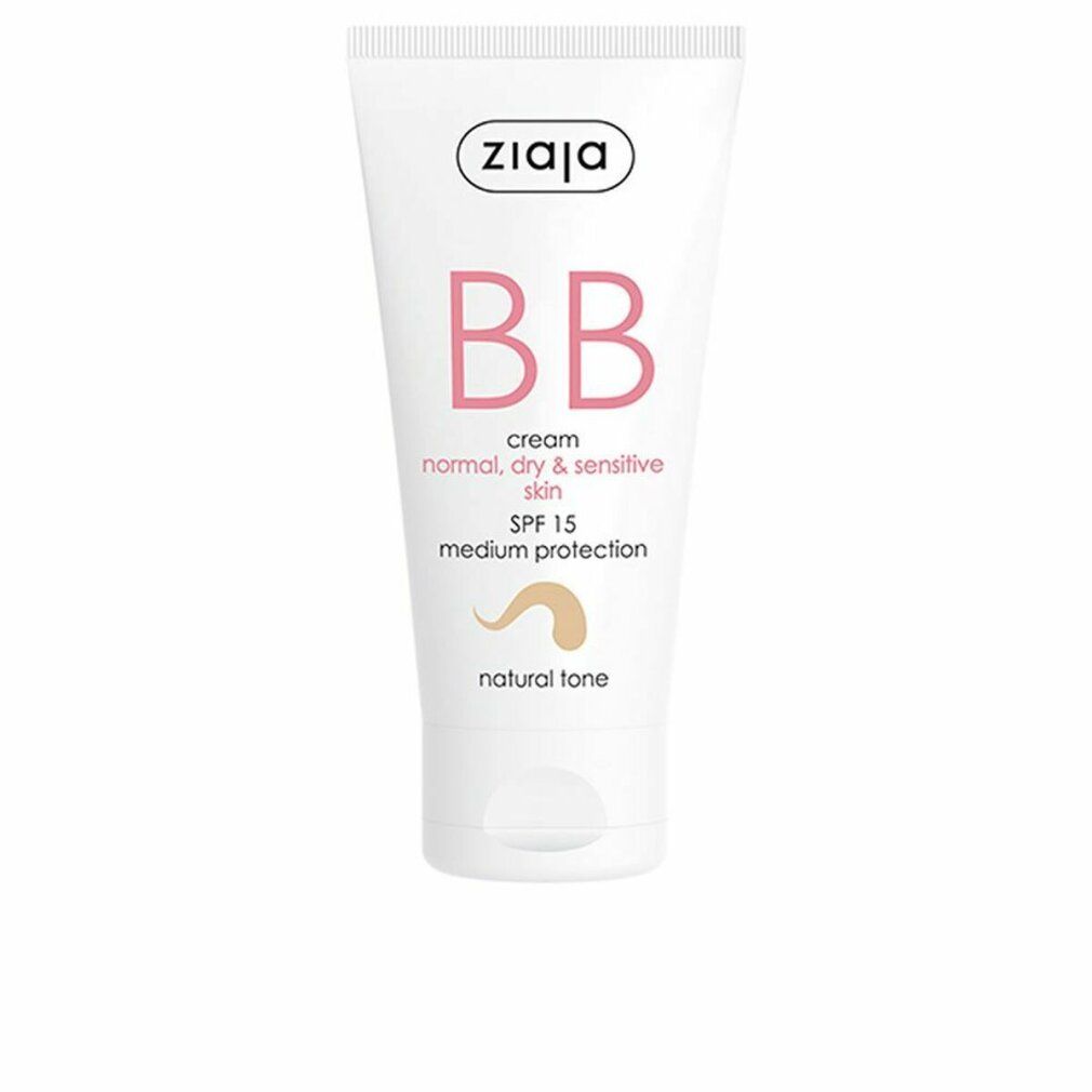 Weiße Tube mit rosa BB-Schriftzug, SPF 15 und Farbton-Angabe. Marke Ziaja oben. Für normale, trockene und empfindliche Haut.