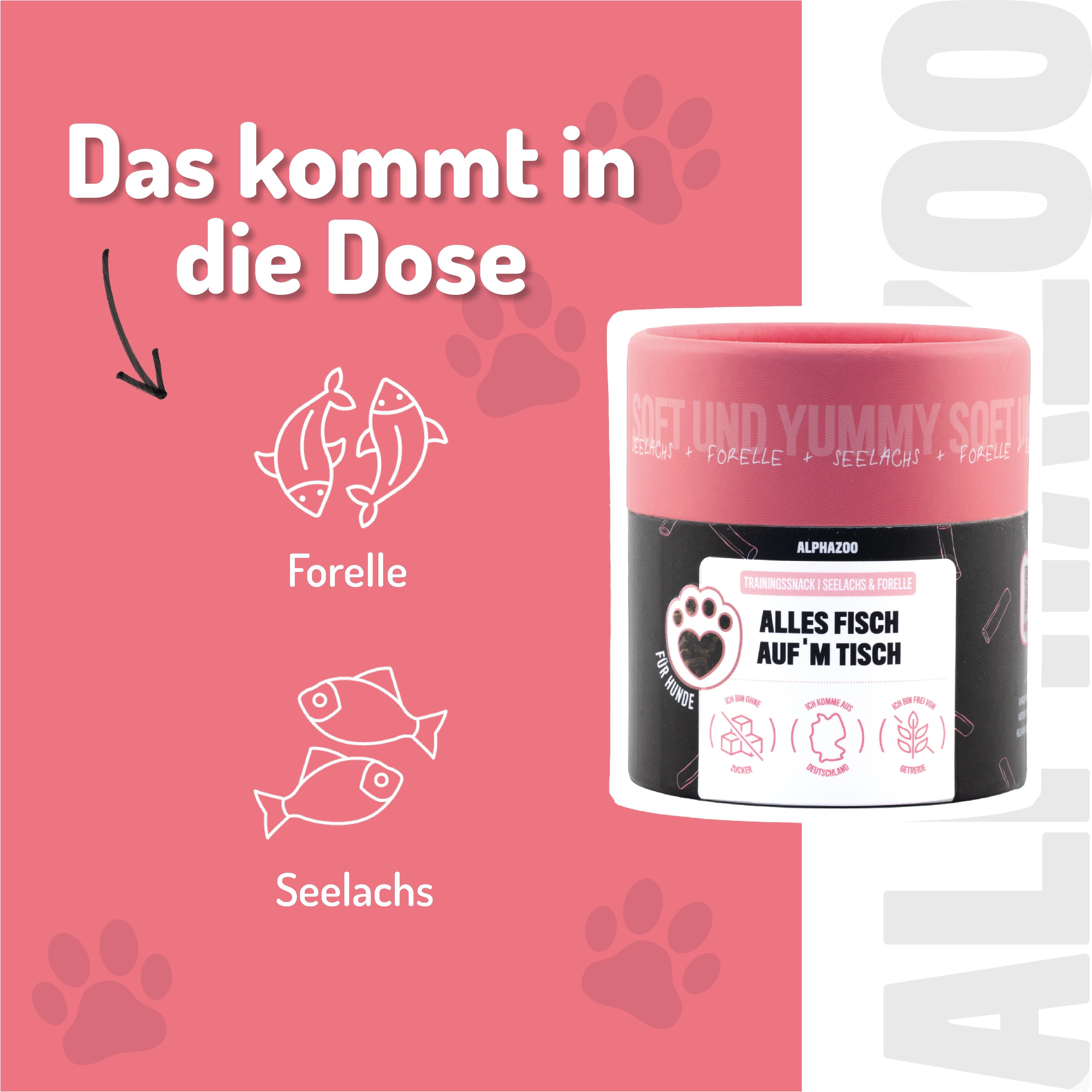 Rosa Hintergrund mit Text und Illustrationen von Fisch. Dose des Produkts im Hintergrund.