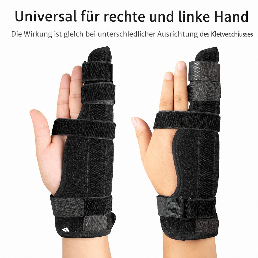 Bandage für Hand und Finger, schwarz. Klettverschlüsse und zwei Aluschienen. Für rechte und linke Hand geeignet.