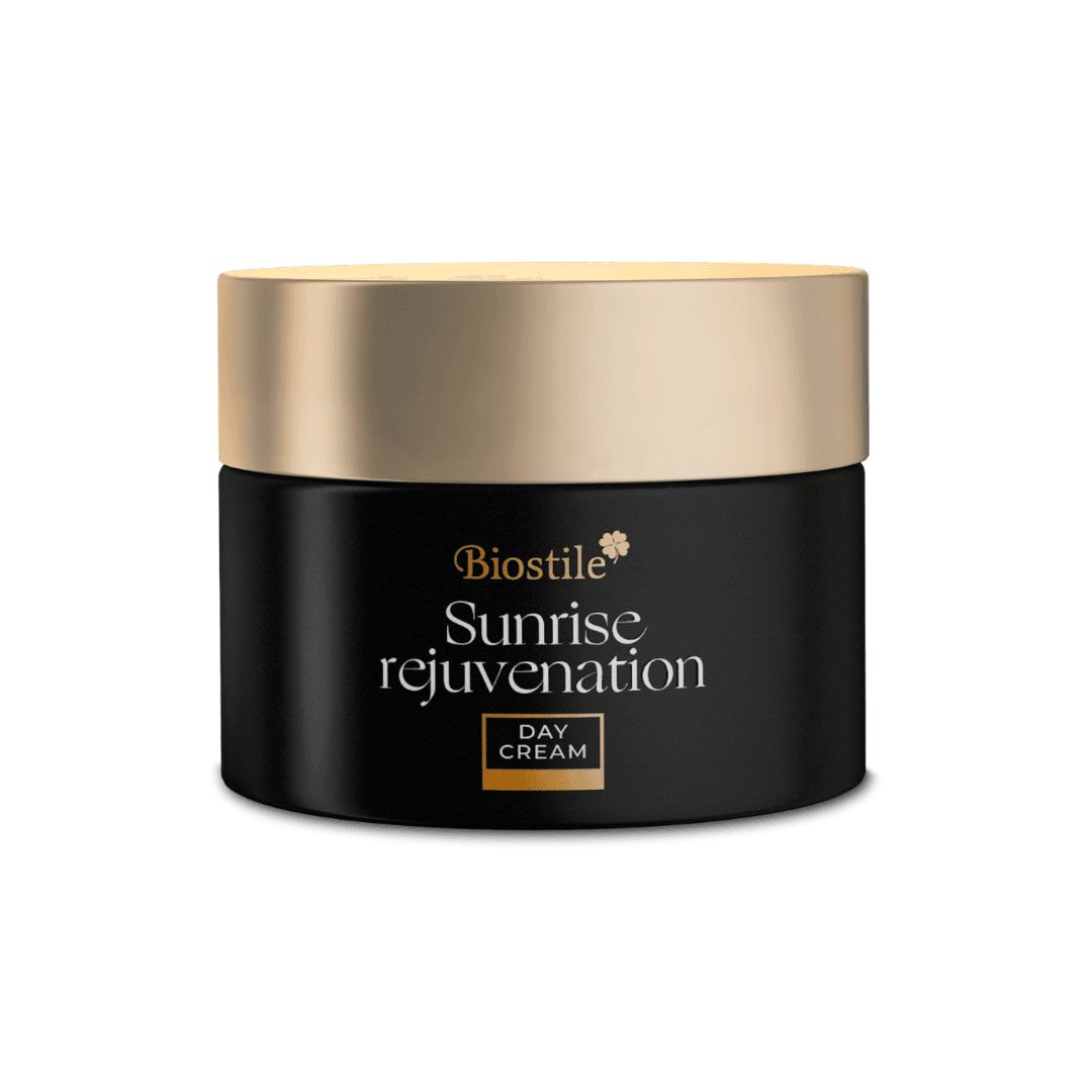 Schwarzer Tiegel mit goldfarbenem Deckel. Aufschrift: Biostile Sunrise Rejuvenation Day Cream.