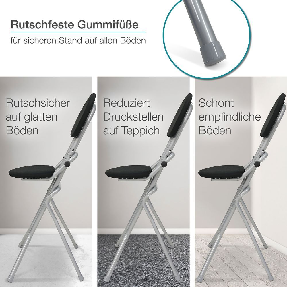 Drei Ansichten der Stehhilfe mit schwarzem Sitz und Rückenlehne. Rutschfeste Gummifüße. Geeignet für glatte und empfindliche Böden.
