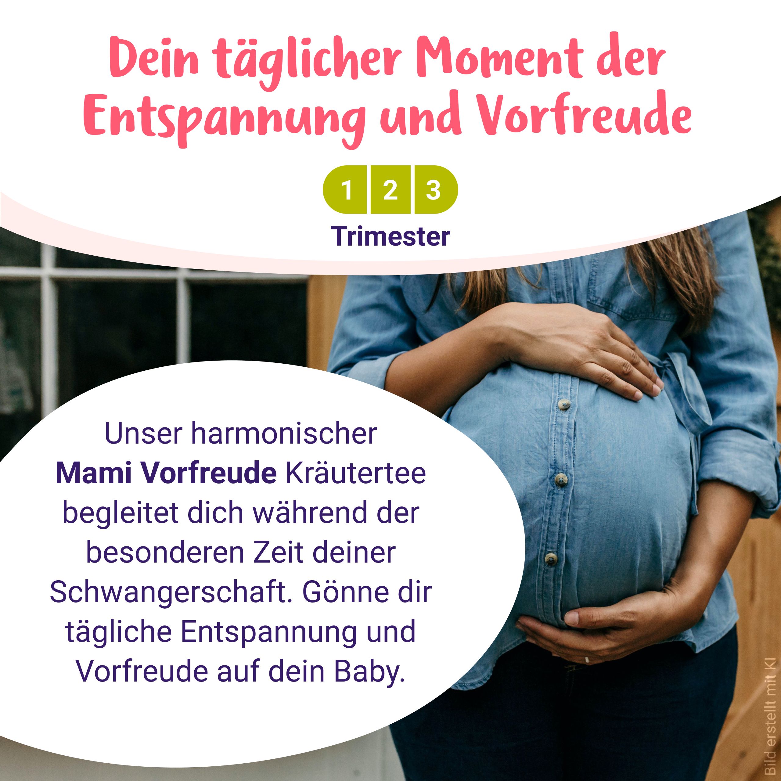 Schwangerenbauch mit Text über Mami Vorfreude Kräutertee für Entspannung.