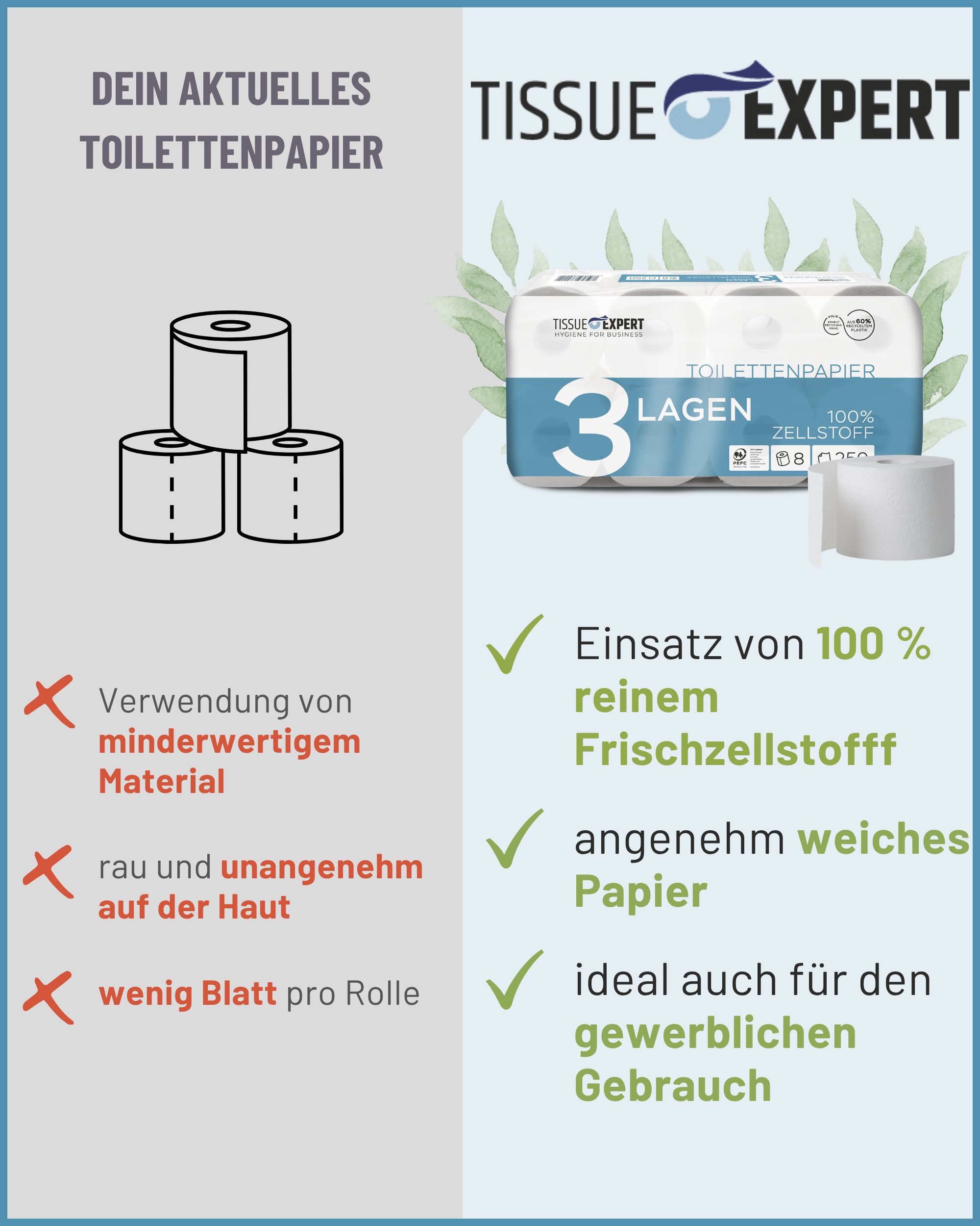 Vergleich von Toilettenpapier. Tissue Expert Toilettenpapier: 3-lagig, 100% Zellstoff, weiches Papier, ideal für gewerbliche Nutzung.