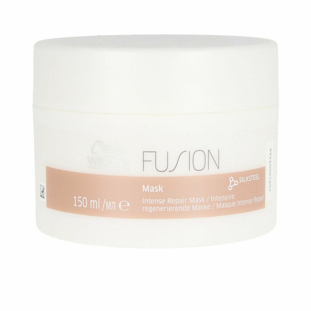 Weißer Tiegel mit braunem Streifen. Aufschrift: FUSION Mask, 150 ml. Enthält Silksteel.