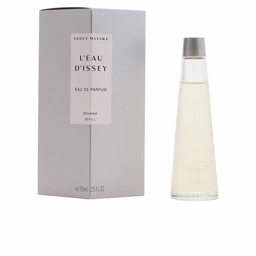Flasche und Verpackung. Auf der Verpackung: Issey Miyake, L'Eau d'Issey, Eau de Parfum, Refill. 75ml.