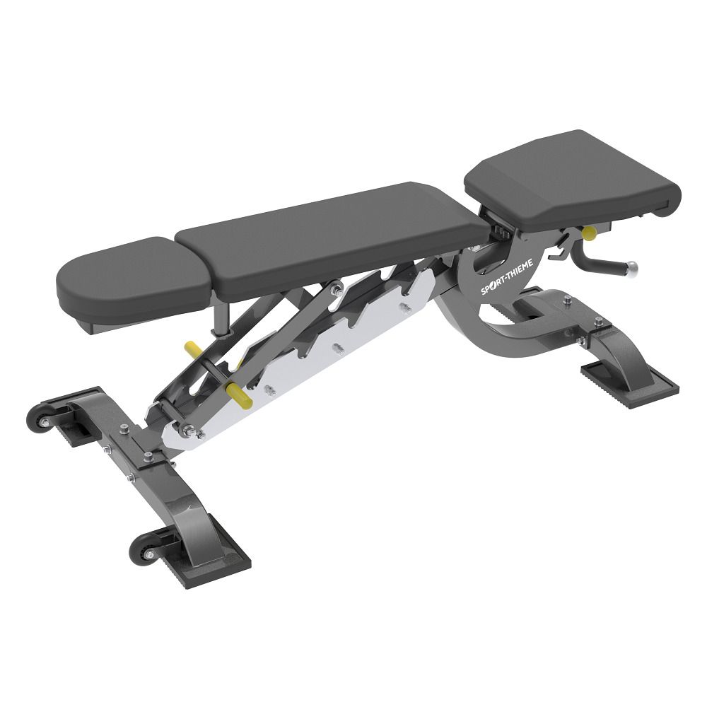 Verstellbare Hantelbank. Graue Polsterung, silberfarbener Rahmen. Räder an der Basis. Gelbe Verstellhebel. Sport-Thieme Logo.