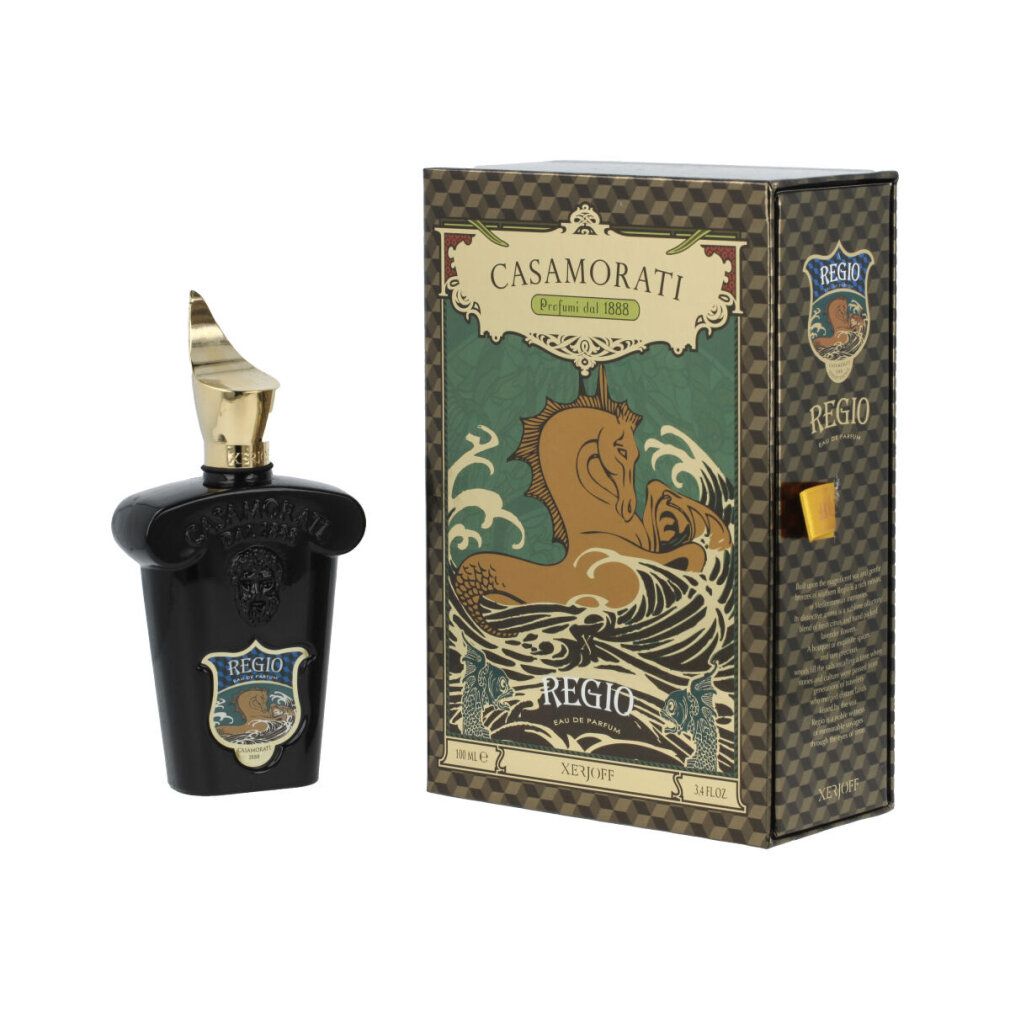 Schwarzer Flakon mit goldener Kappe. Rechteckige Verpackung mit Meerestier-Illustration und Schriftzug REGIO.