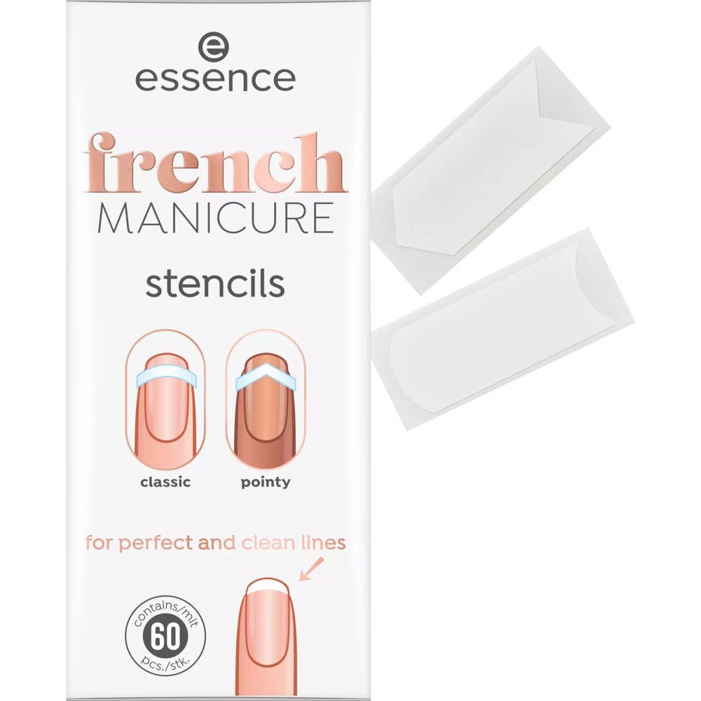 Essence French Manicure Schablonen und Verpackung. Zwei weiße Schablonen neben der Verpackung. Aufdruck: French Manicure Stencils.