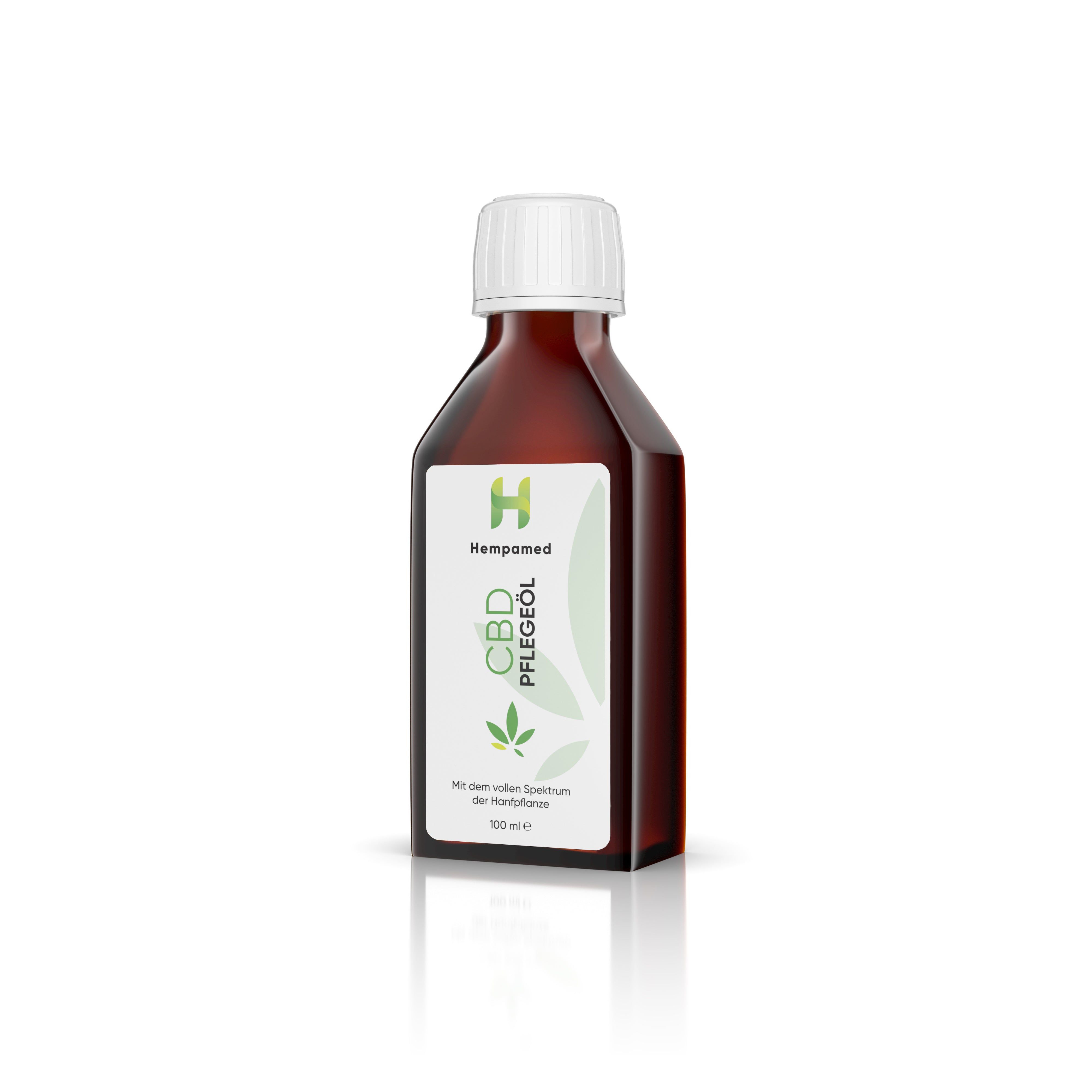 Braune Glasflasche mit weißem Deckel und Etikett. Auf dem Etikett steht "CBD Pflegeöl" und das Logo von Hempamed.