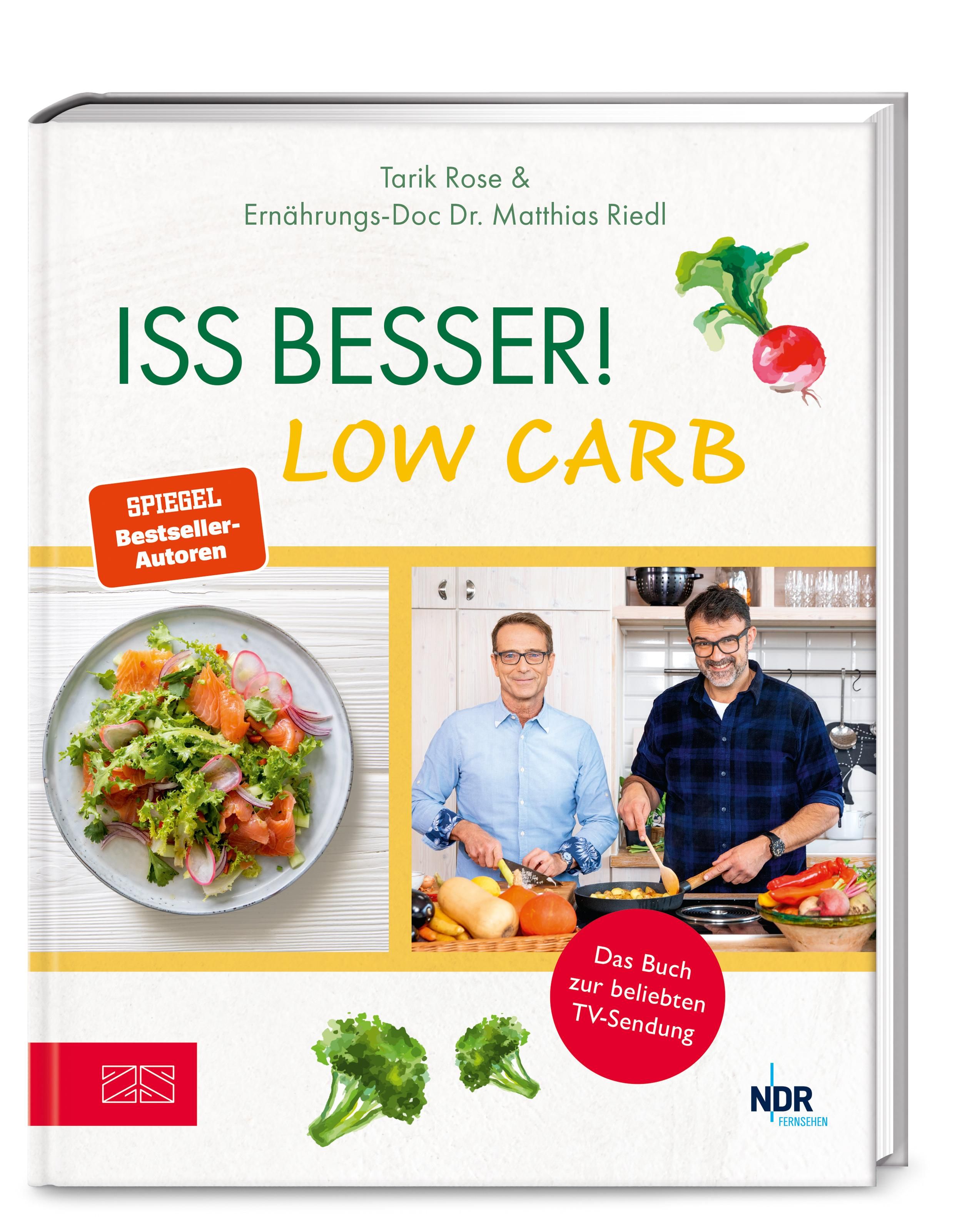 Buchcover von "Iss besser! LOW CARB". Titel und Autoren sichtbar. Salat, Radieschen und zwei Personen im Kochkontext.