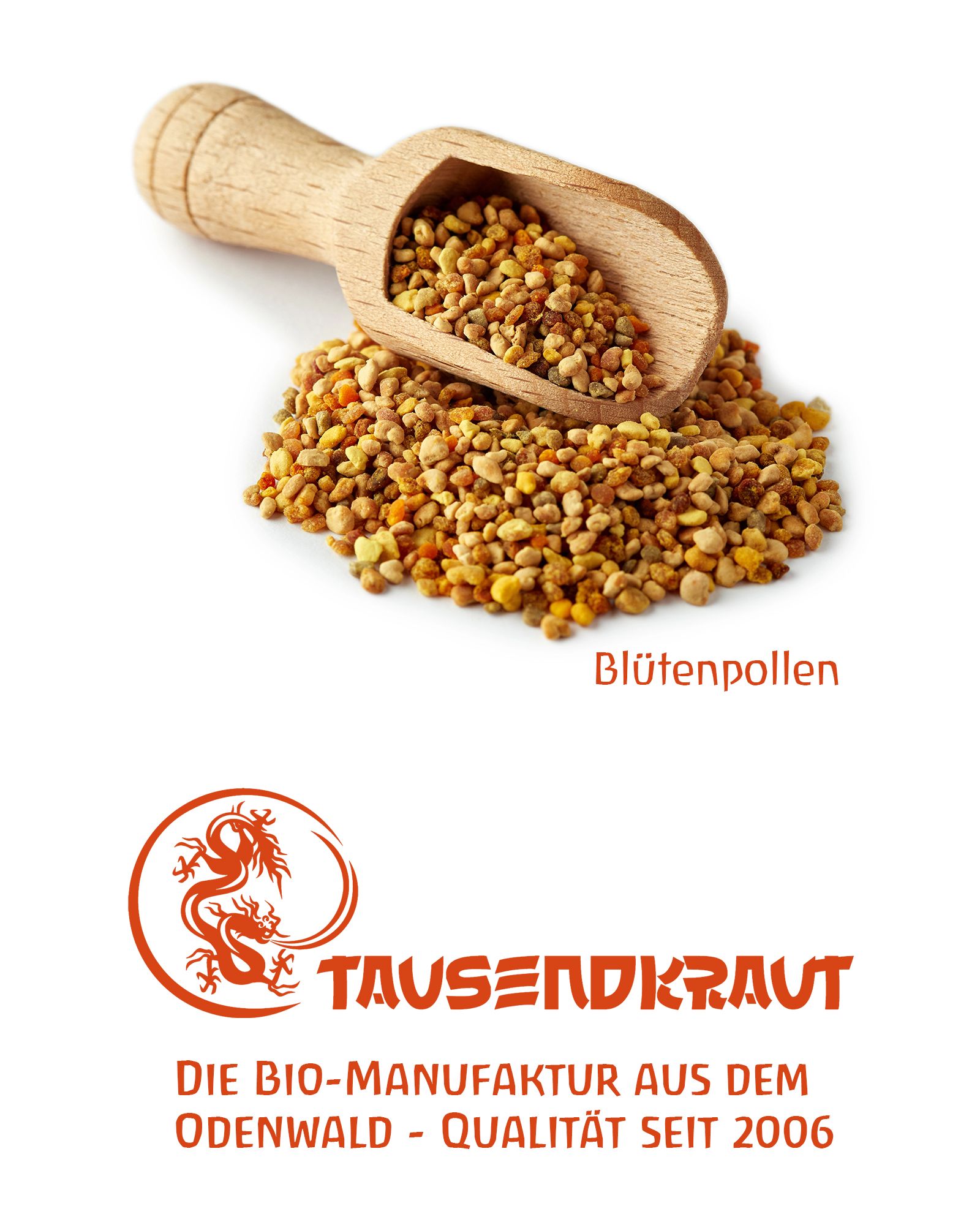 Holzlöffel mit Blütenpollen. Blütenpollen auf weißem Hintergrund. Logo und Text von Tausendkraut.