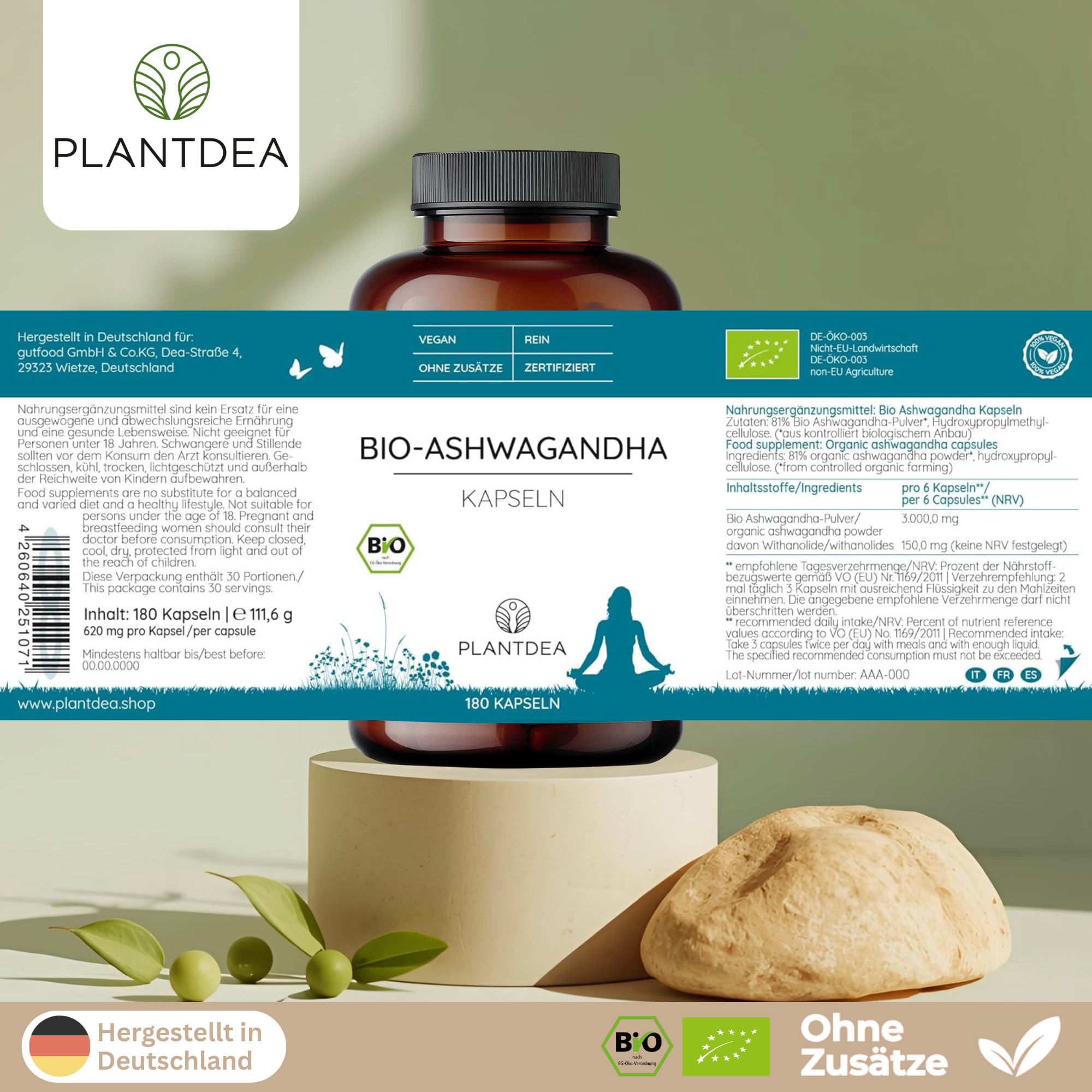 Braune Flasche mit Kapseln. Aufschrift: BIO-ASHWAGANDHA KAPSELN. Label mit Logo und Zertifizierungen. 180 Kapseln. Hintergrund: Stein und Blätter.