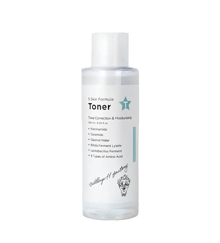 Transparente Flasche mit weißem Deckel. Aufschrift: Toner, Inhaltsstoffe. Logo: Gesicht mit Schnurrbart. Aufschrift: 5 Skin Formula.