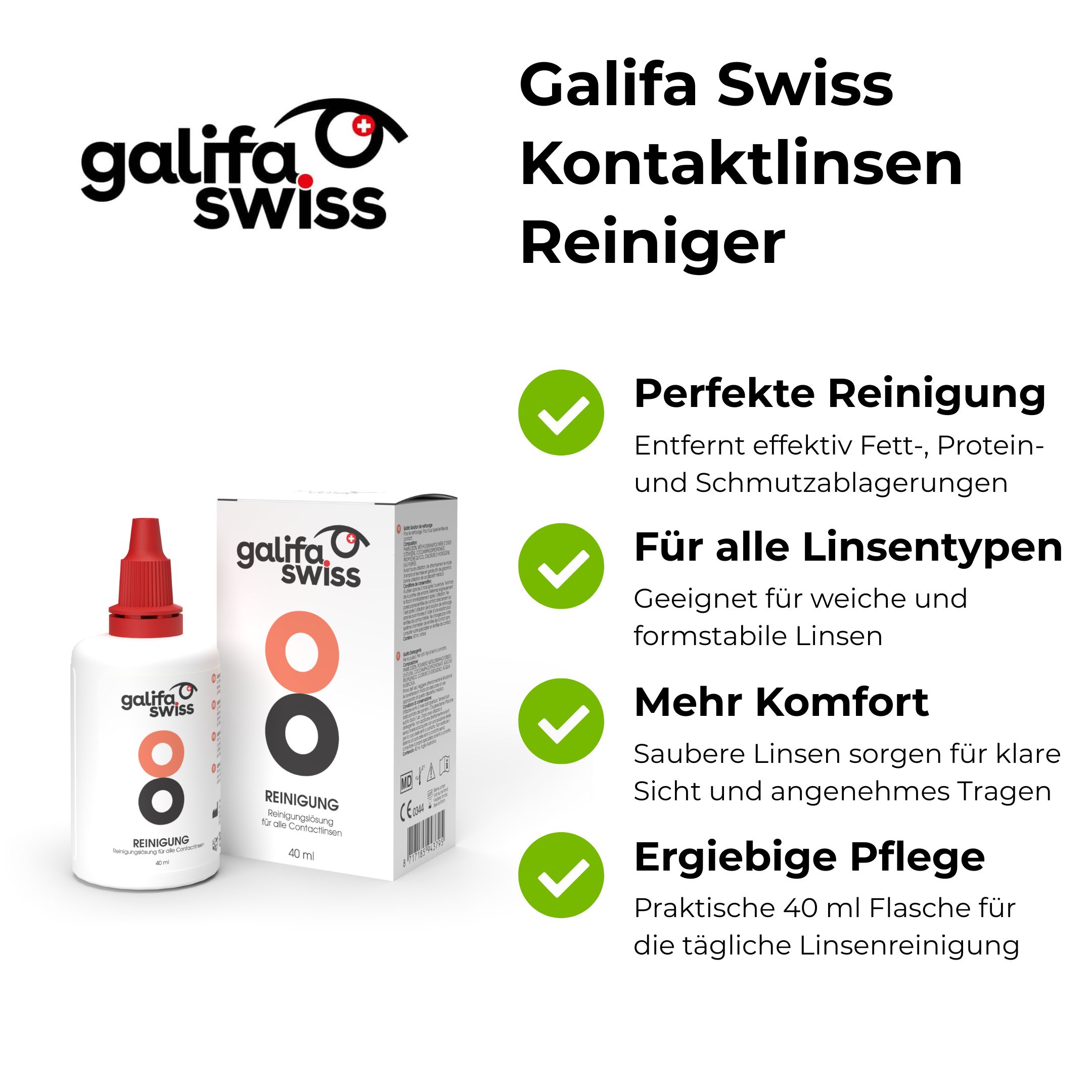 Kontaktlinsenreiniger mit Verpackung. Flasche und Karton mit Logo und Produktinformationen. Grüne Häkchen.