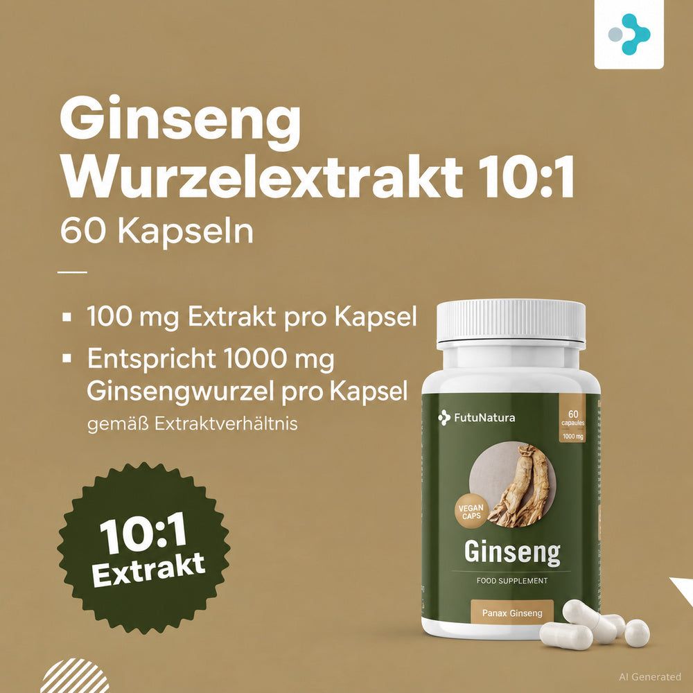 Flasche FutuNatura Ginseng Kapseln (60 Stk.) neben erschöpftem Mann.