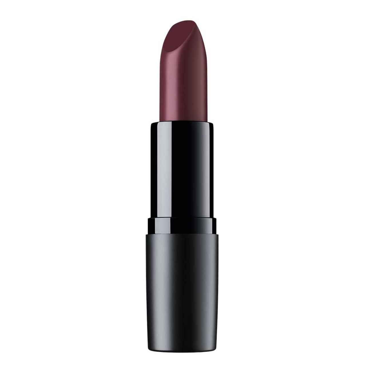 Lippenstift mit schwarzem Gehäuse und burgunderroter Spitze. Gehäuse glänzend, Lippenstift herausgedreht.