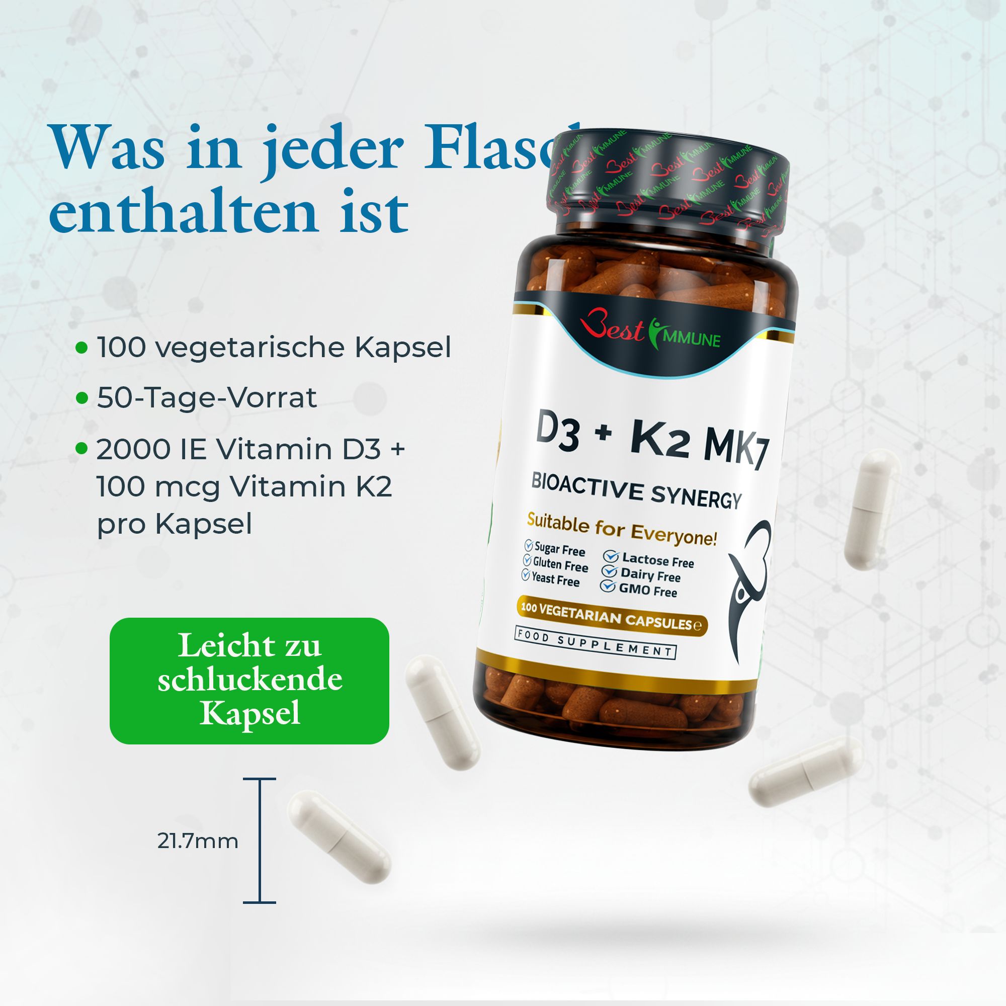 Flasche Best Immune D3 + K2 MK7, 100 vegetarische Kapseln, 2000 IE D3, 100 mcg K2.