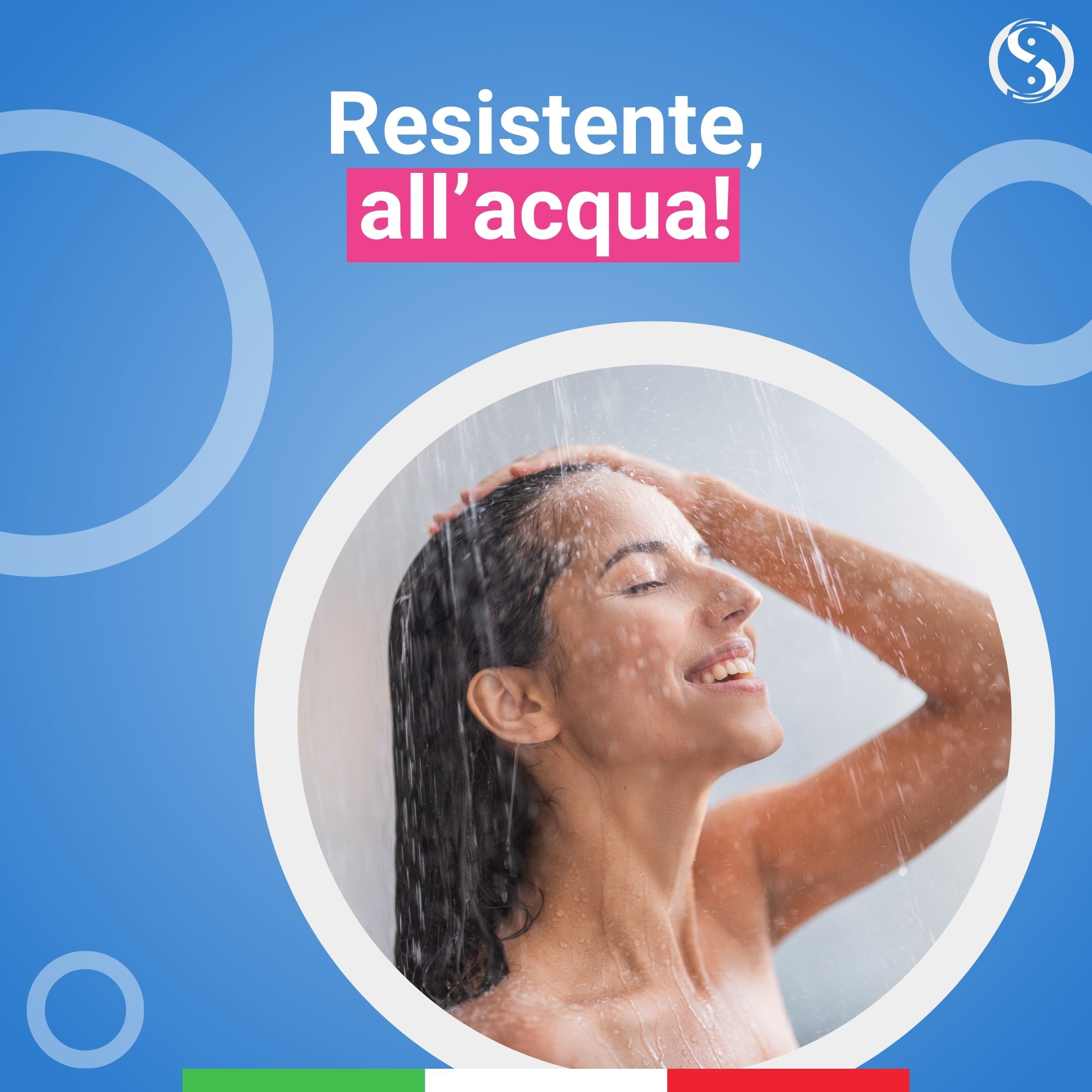 Frau unter der Dusche. Text: Resistent gegen Wasser. Logo.