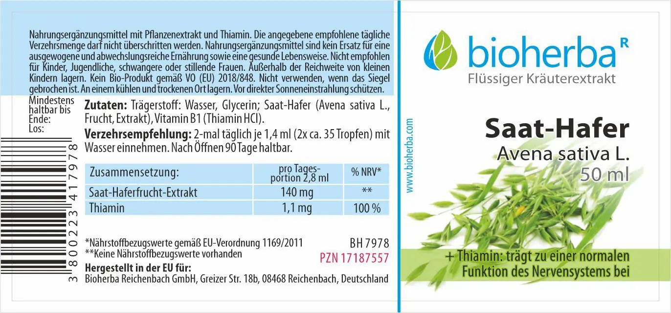 Etikett mit Produktinformationen. "Bioherba" Logo. "Saat-Hafer Avena sativa L." und Inhaltsstoffe. Text in deutscher Sprache.