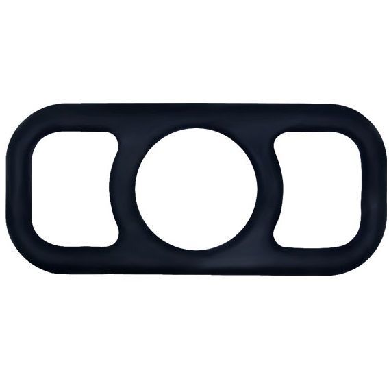 Schwarzer Silikonring mit drei Öffnungen. Rechteckige Form mit ovaler und zwei quadratischen Öffnungen.