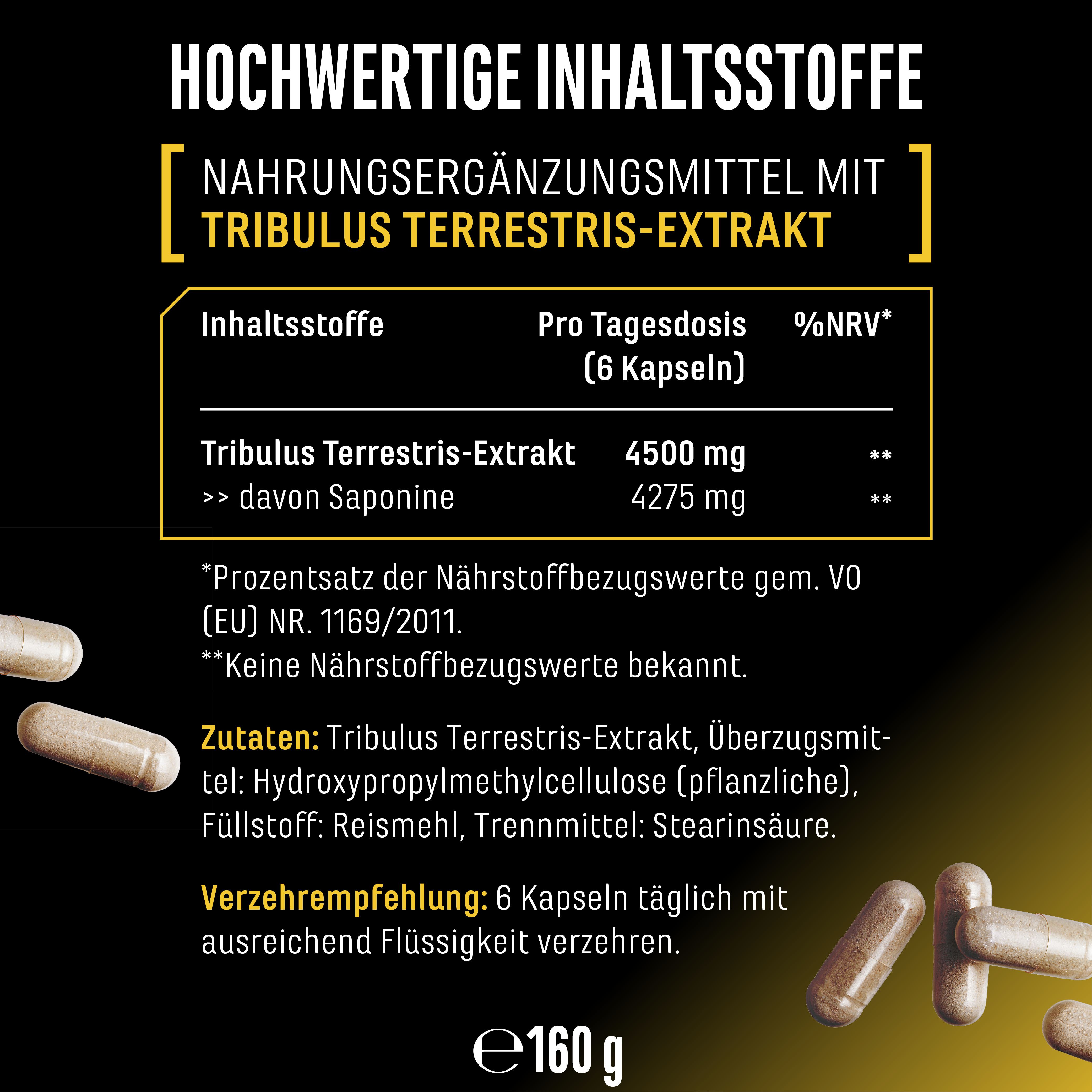 Nahrungsergänzungsmittel mit Tribulus Terrestris-Extrakt. Enthält 4500 mg pro Tagesdosis, davon 4275 mg Saponine. Zutatenliste und Verzehrempfehlung.