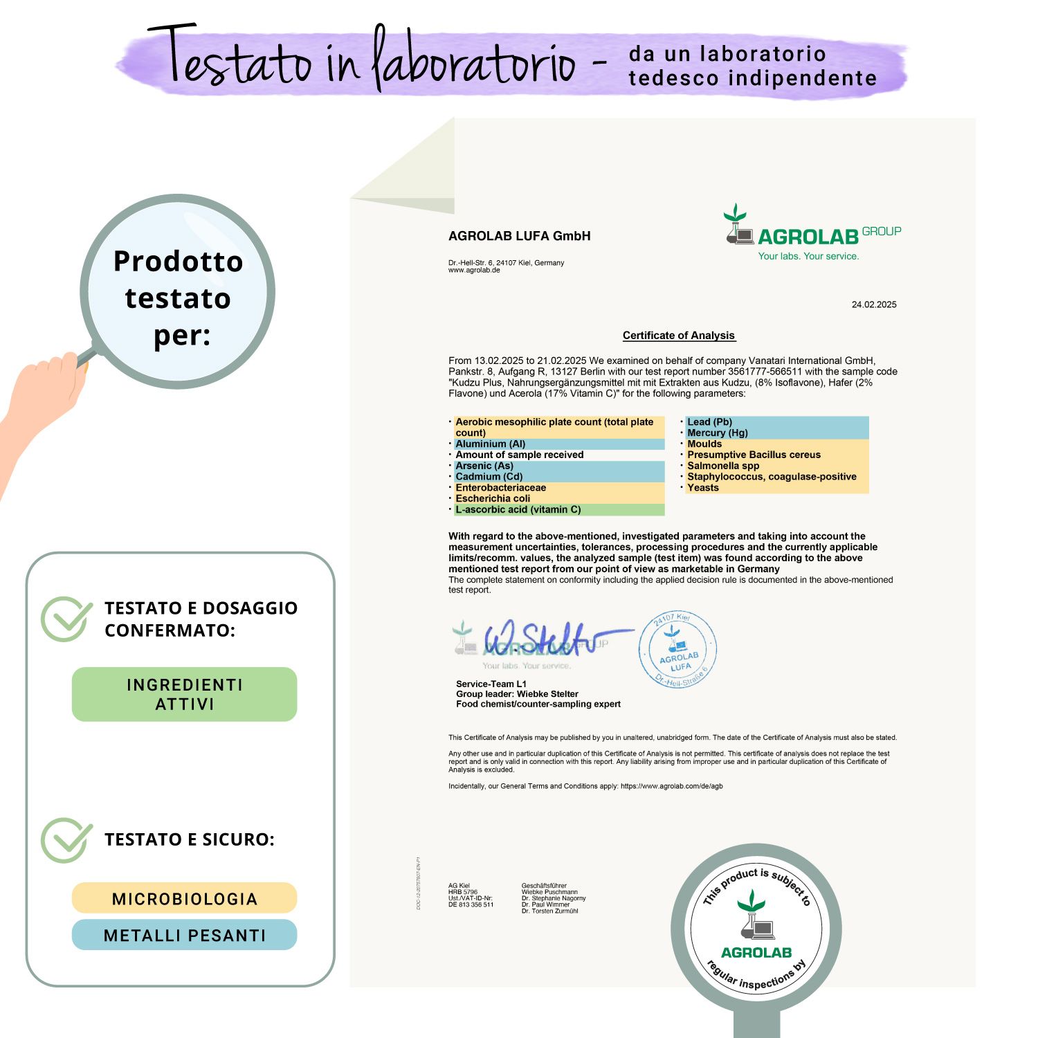 Rapporto di laboratorio. Prodotto testato per: Ingredienti. Testato e dosaggio confermato. Sigillo AGROLAB.