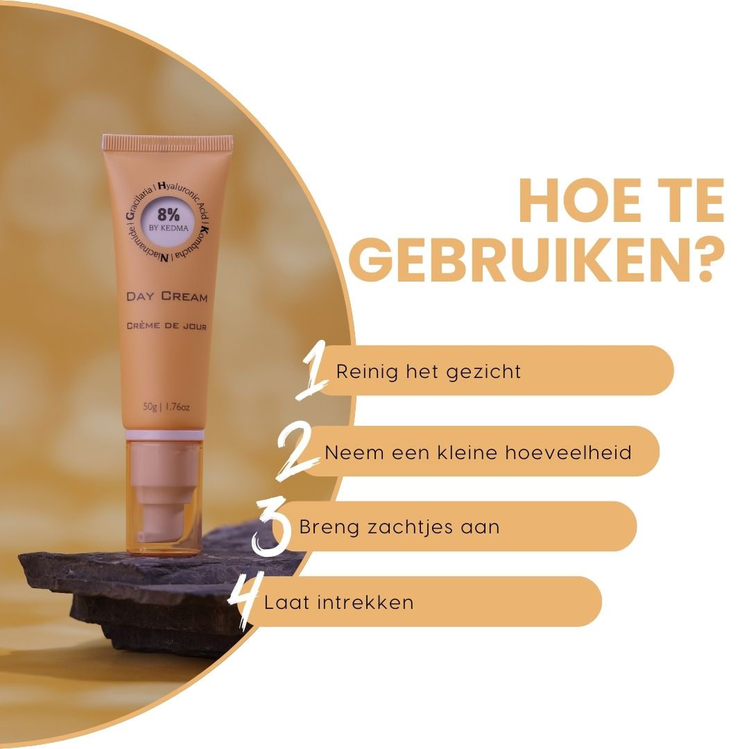 Dagcrèmetube op steen. 4 stappen: reinigen, aanbrengen, laten intrekken.