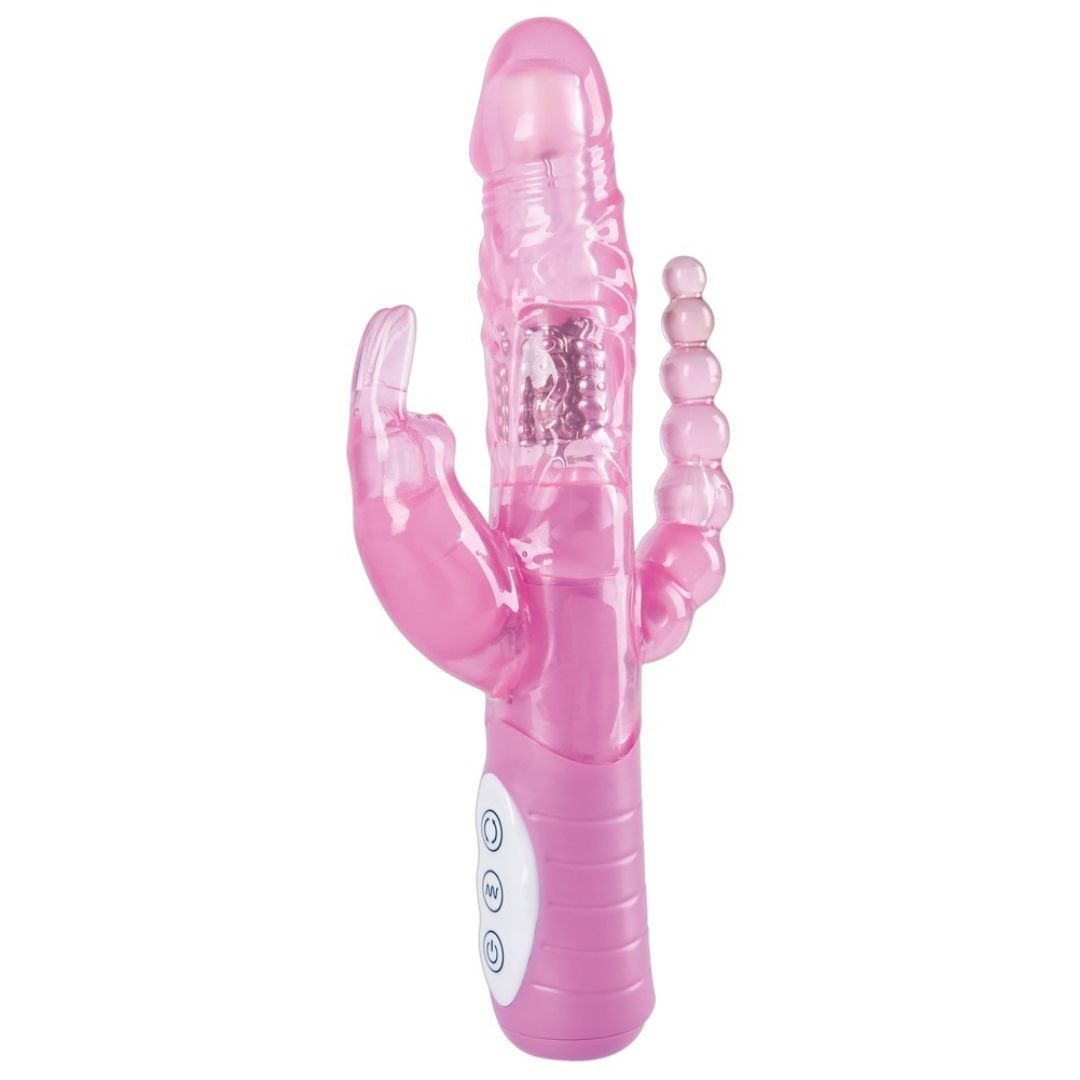 Rosa Vibrator mit drei Motoren, sieben Kugeln und Bedienknöpfen. Transparentes Material.