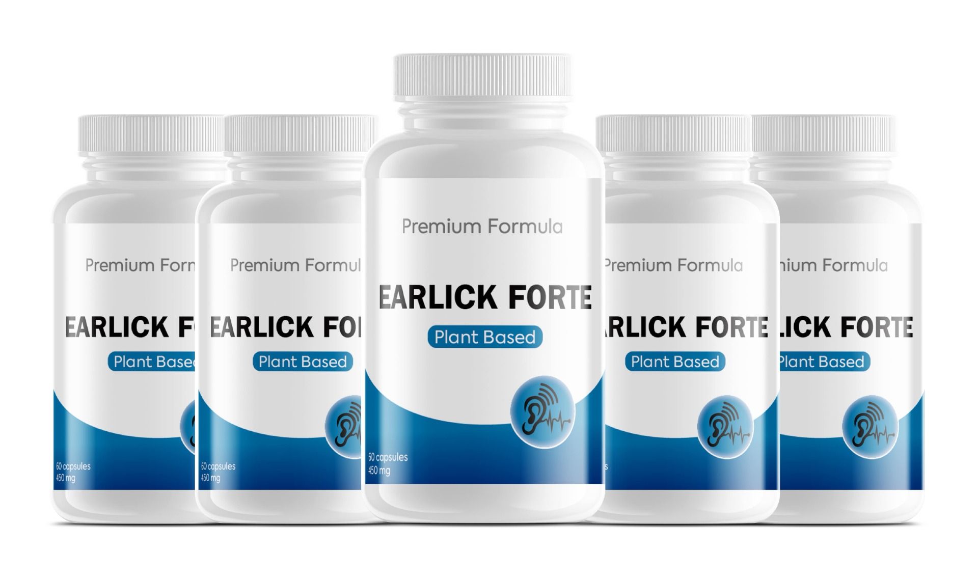 Fünf weiße Flaschen mit Kapseln. Aufschrift: EARLICK FORTE, Plant Based. 60 Kapseln, 450 mg.